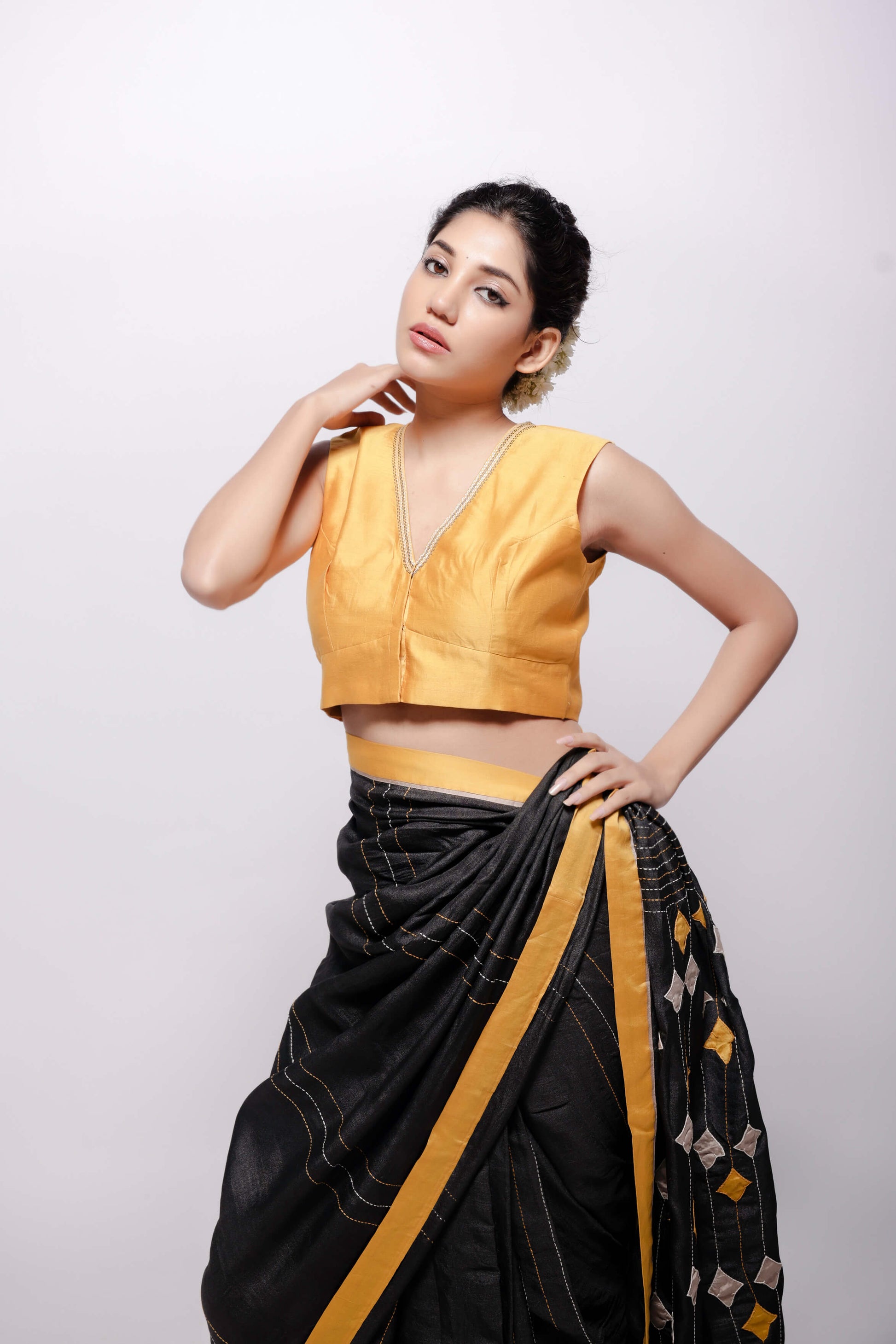 Mustard-Yellow V Neck Sujani Embroidered Cotton Silk Blouse-bihart