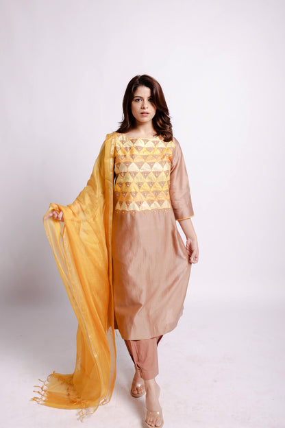 Taupe-Applique and Sujani Kurta Set with Kota Silk Dupatta-bihart