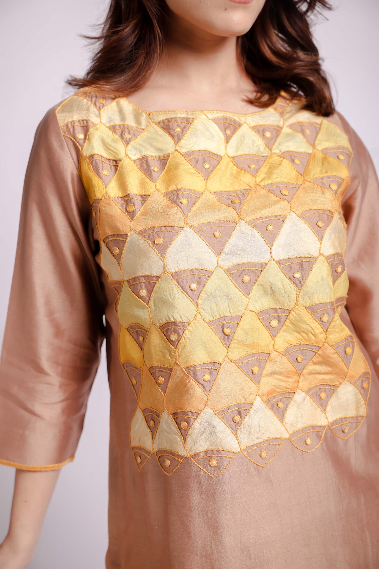 Taupe-Applique and Sujani Kurta Set with Kota Silk Dupatta-bihart