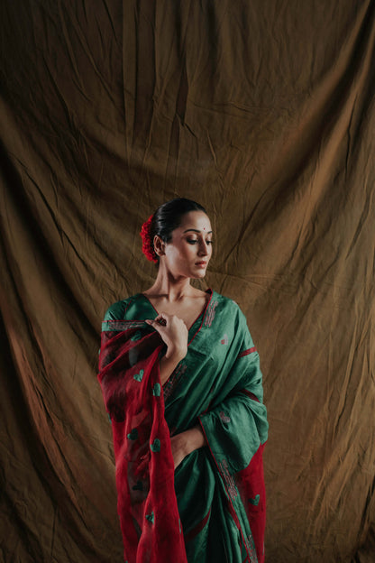 Green and Pink Heart Applique and Sujani Embroidered Wild Silk Saree