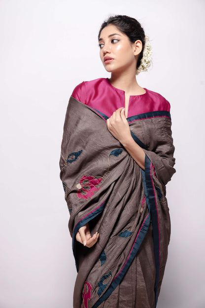 Deep-Grey Wild Silk Applique Saree-bihart