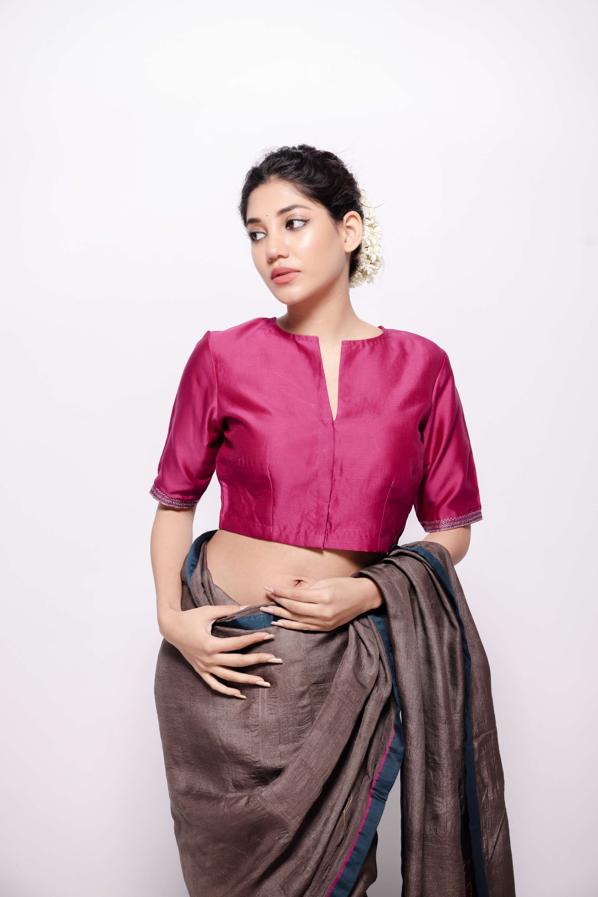 Magenta-Front Slit Neckline Sujani Embroidered  Chanderi Blouse-bihart