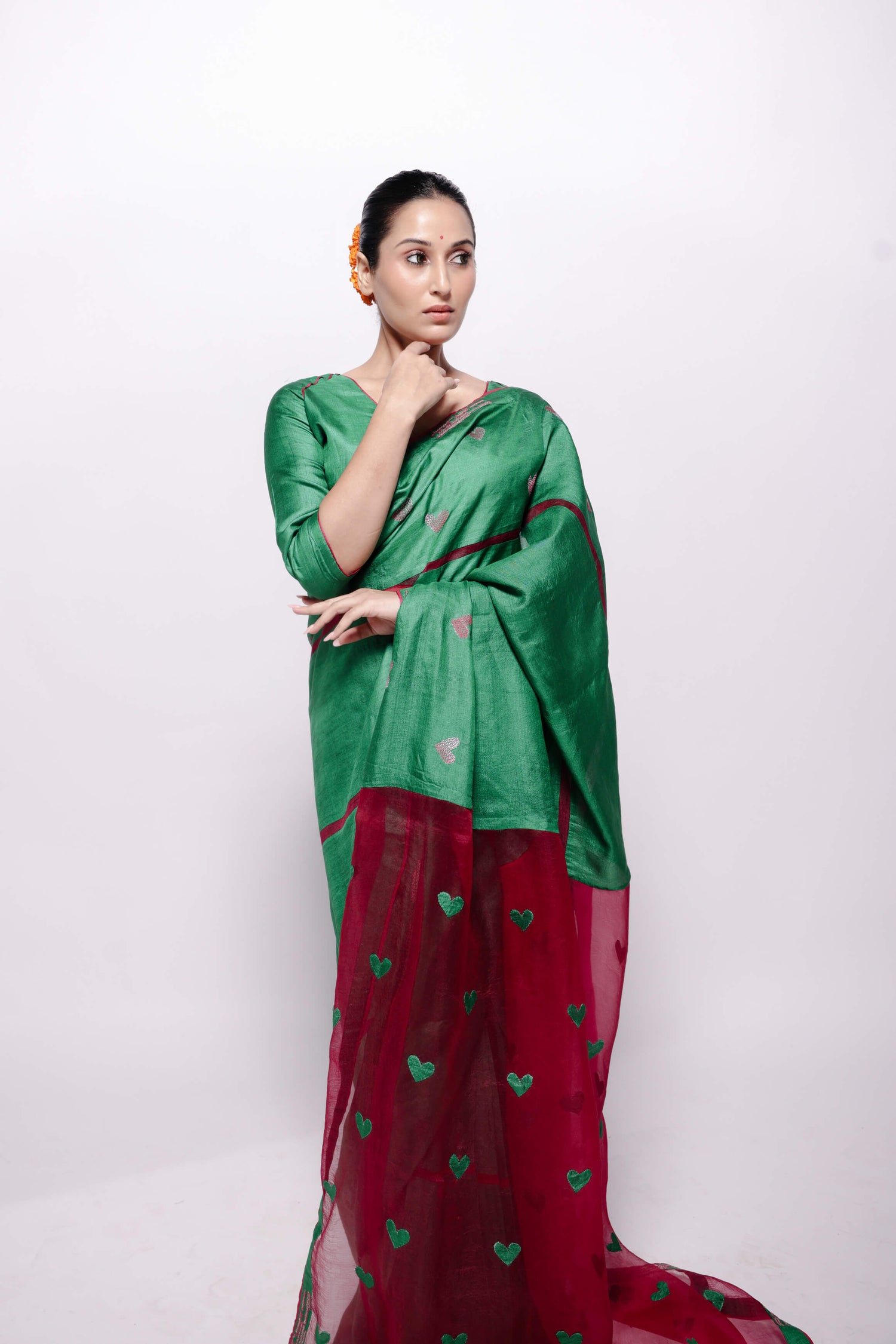 Green-and Pink Heart Applique and Sujani Embroidered Wild Silk Saree-bihart