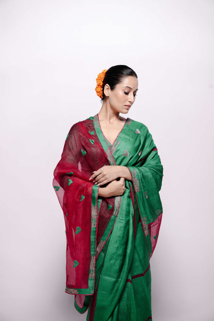 Green-and Pink Heart Applique and Sujani Embroidered Wild Silk Saree-bihart