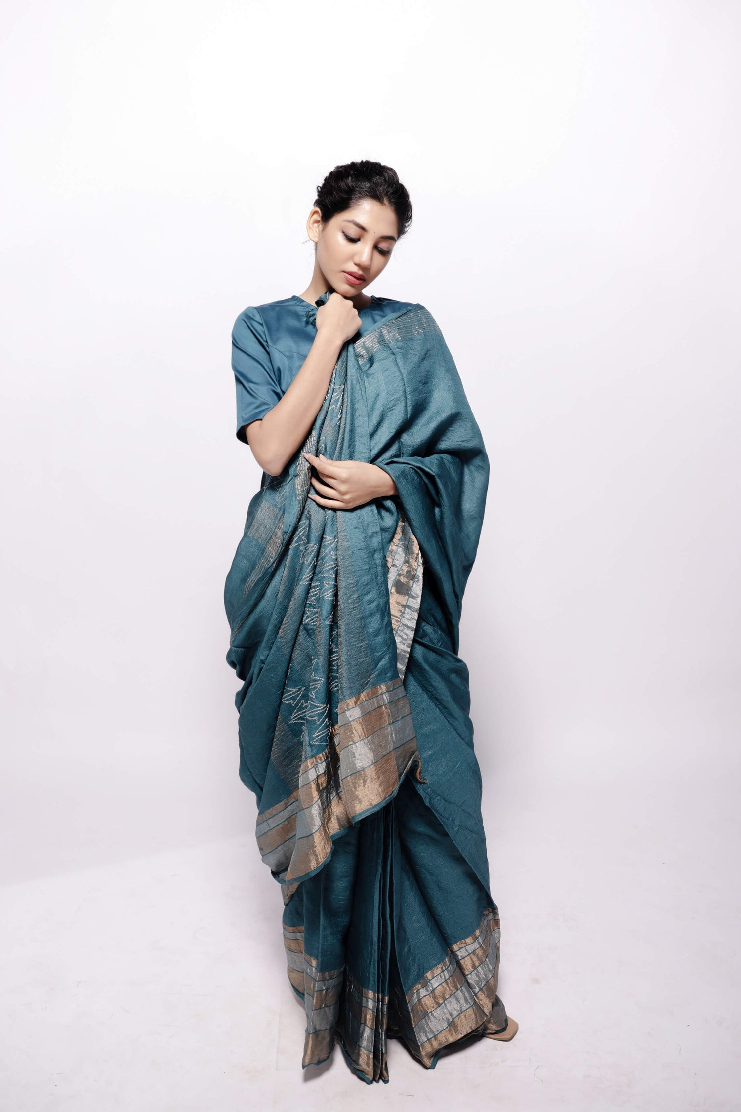 Teal-Zari Woven Wild Silk Saree Sujani Embroidered Saree-bihart