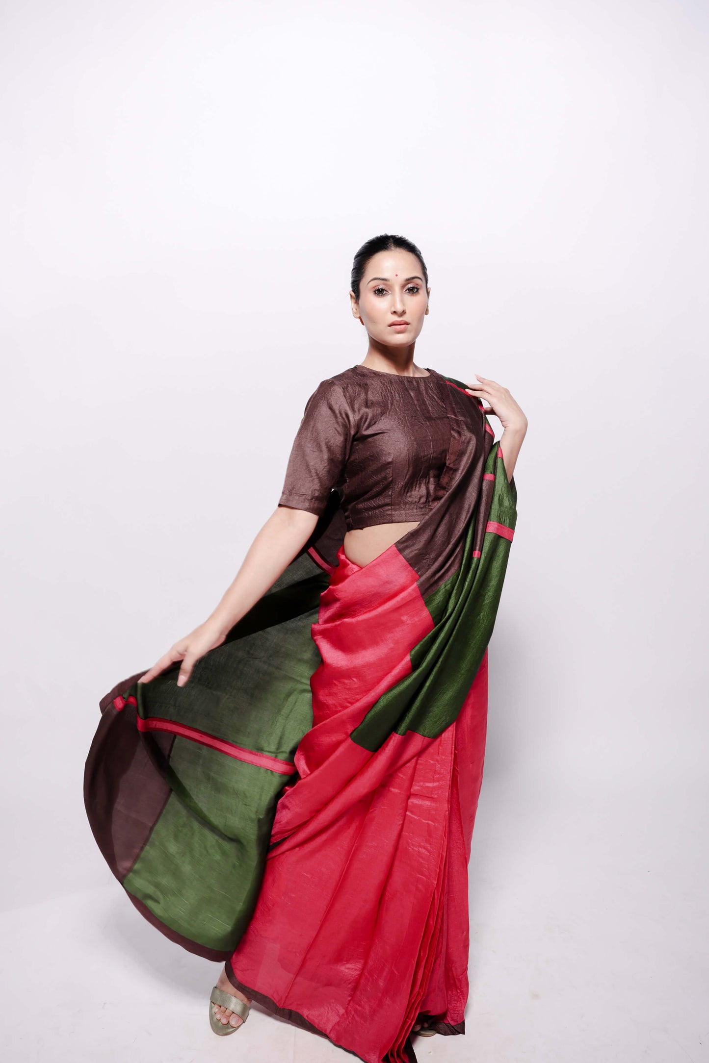 Hot-Pink Multi-Colour Block Wild Silk Saree-bihart