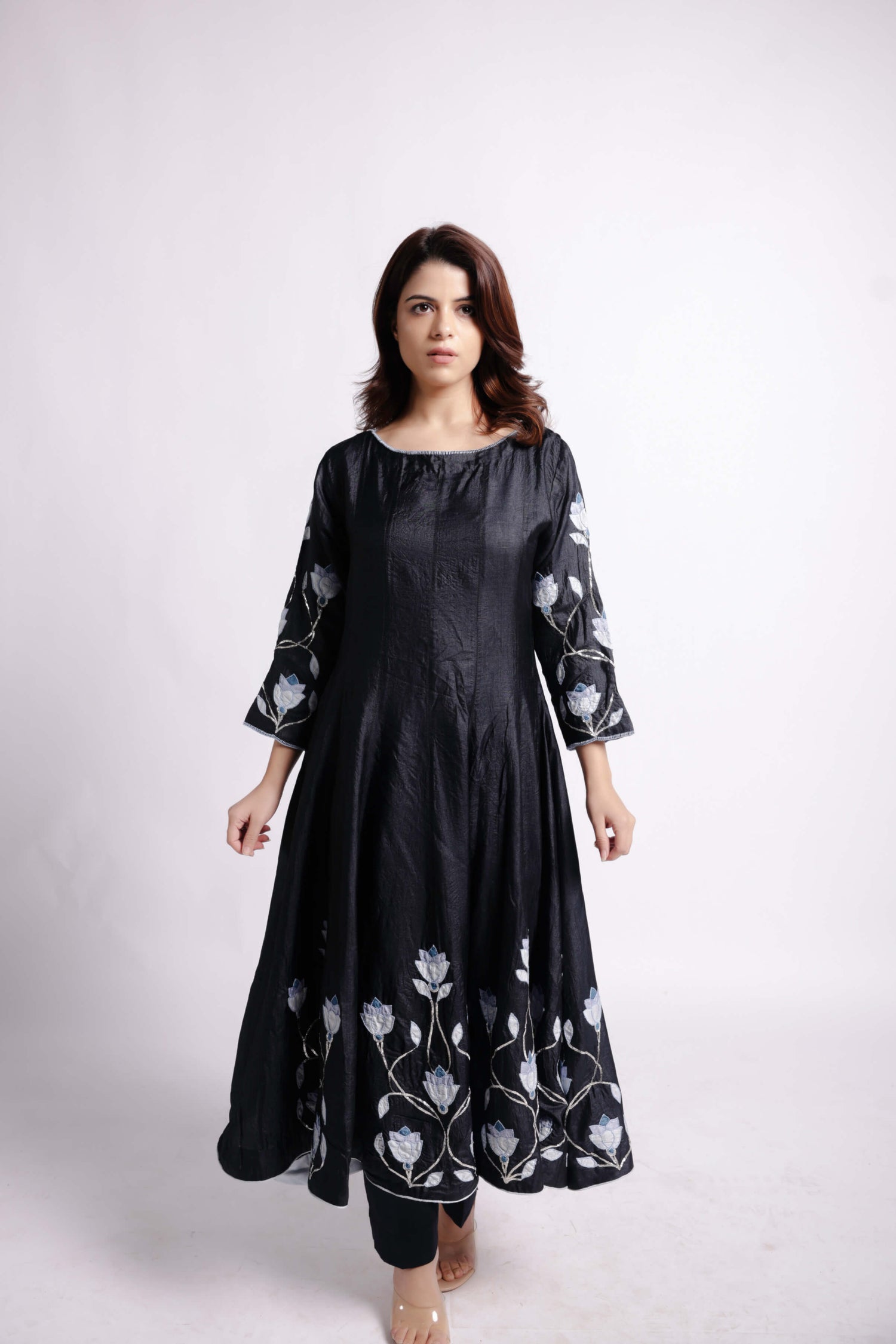 Black-Wild Silk Floral Applique Anarkali Set-bihart