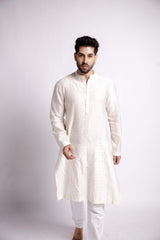 Off-White  Chanderi Embroidered Kurta For Men-bihart