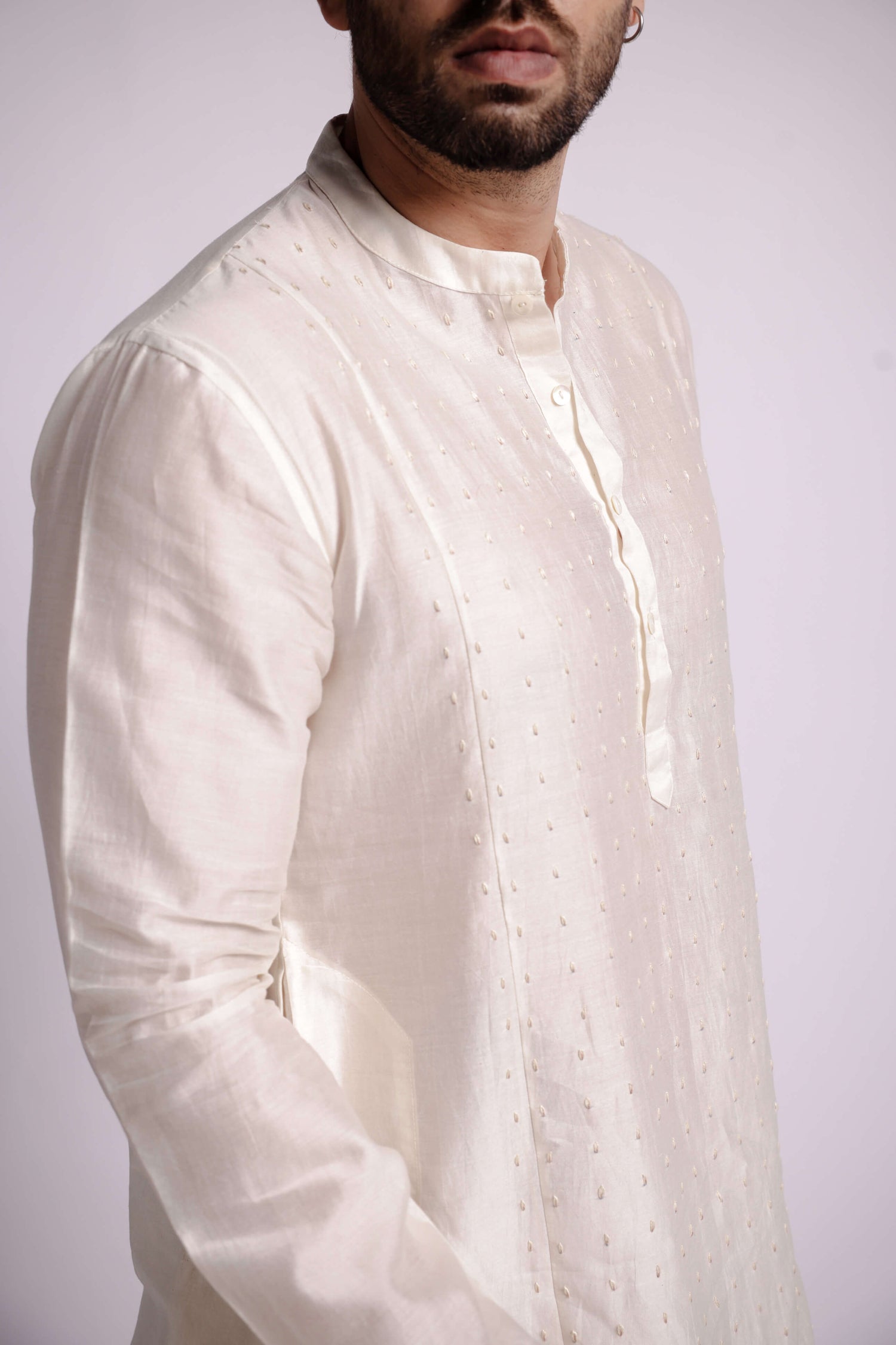 Off-White  Chanderi Embroidered Kurta For Men-bihart