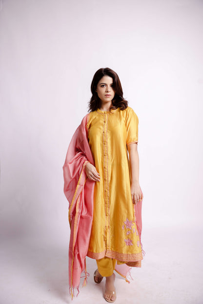 Yellow-chanderi Floral Applique and Sujani Embroidered Anarkali Set-bihart