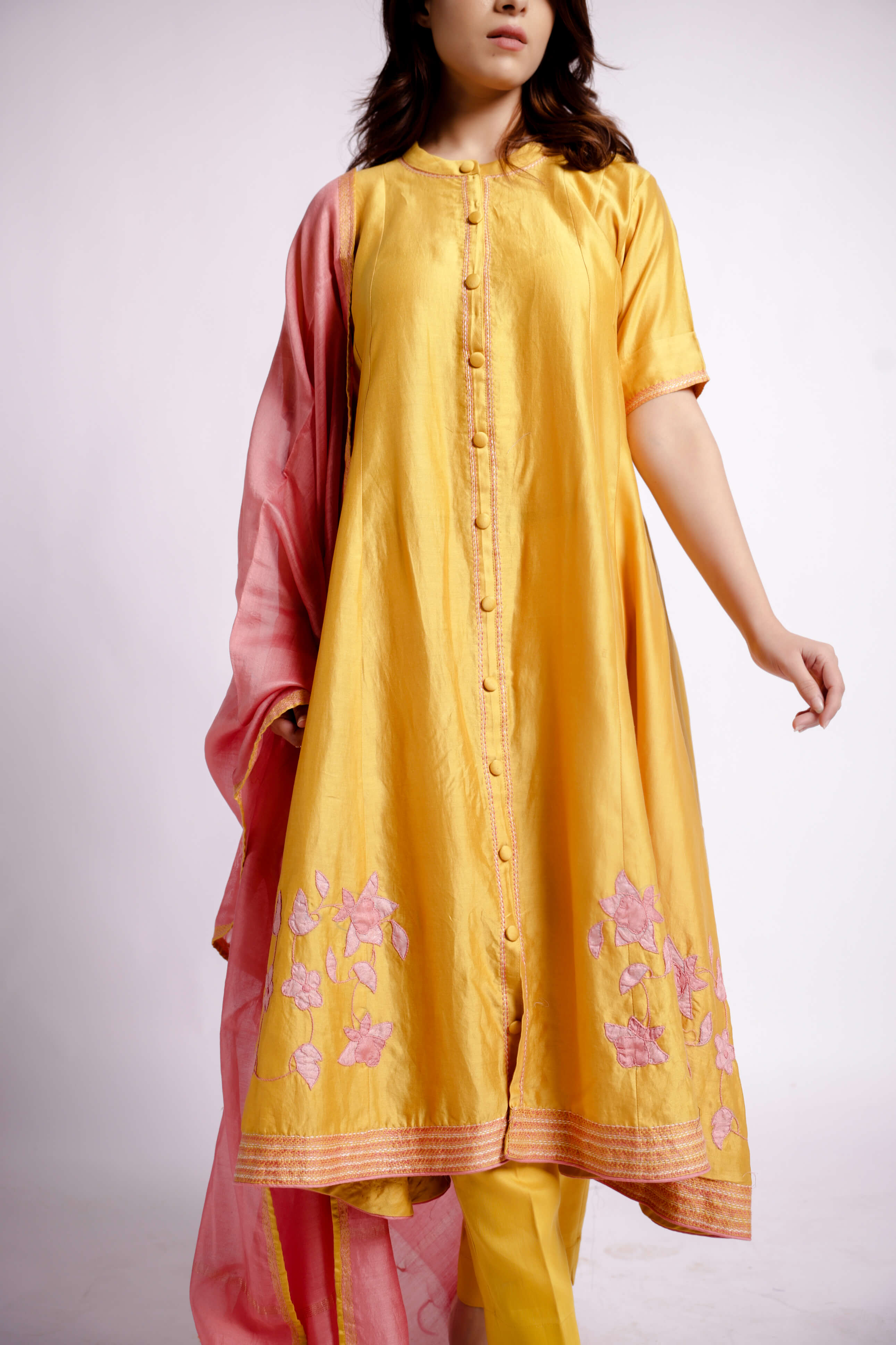 Yellow-chanderi Floral Applique and Sujani Embroidered Anarkali Set-bihart