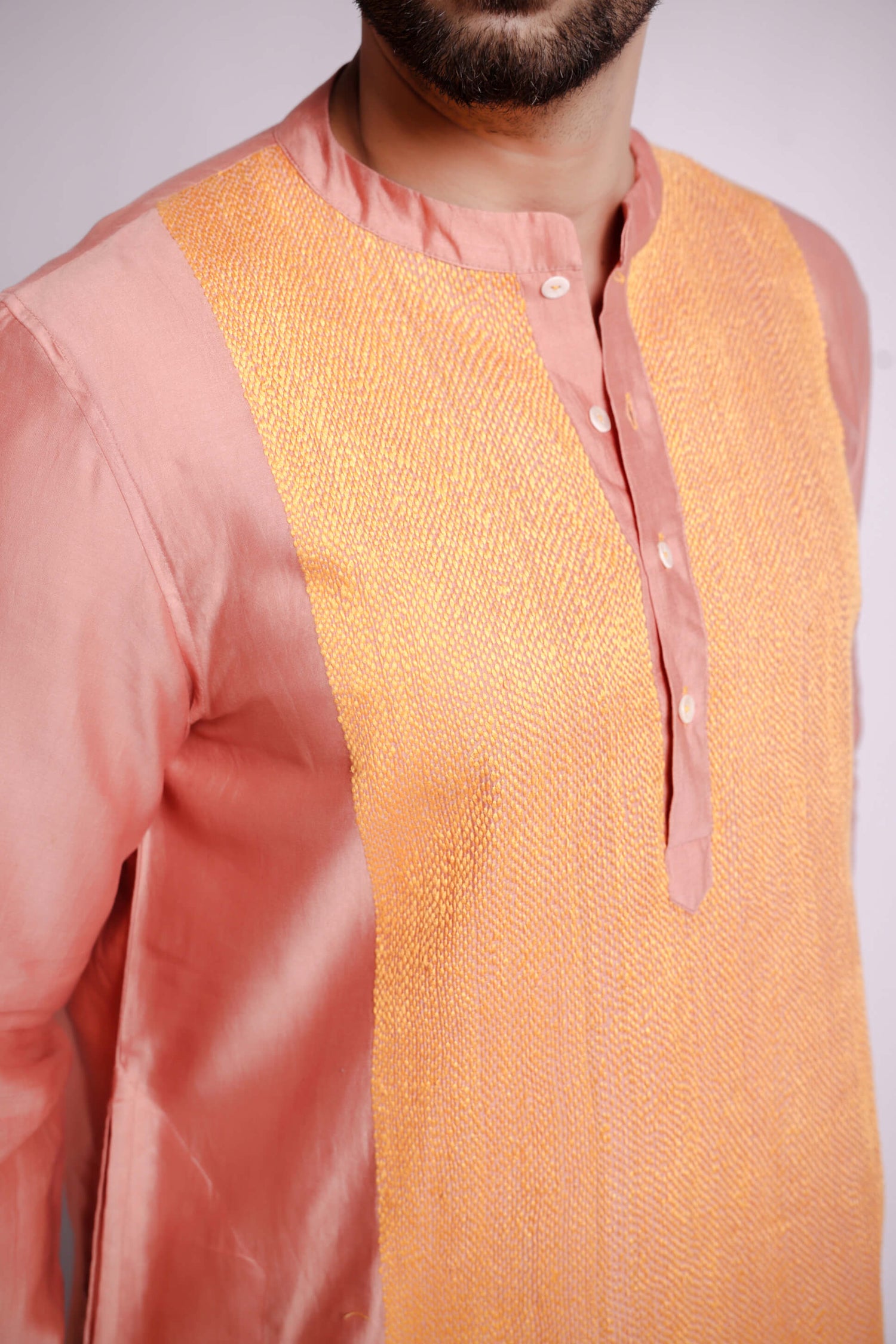 Peach-Chanderi Sujani Embroidered Kurta For Men-bihart