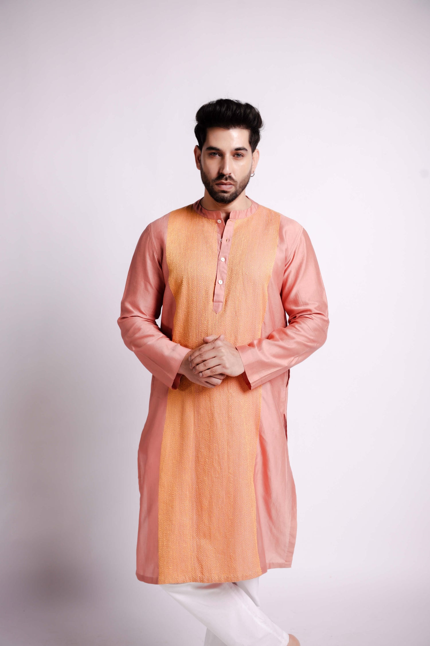 Peach-Chanderi Sujani Embroidered Kurta For Men-bihart