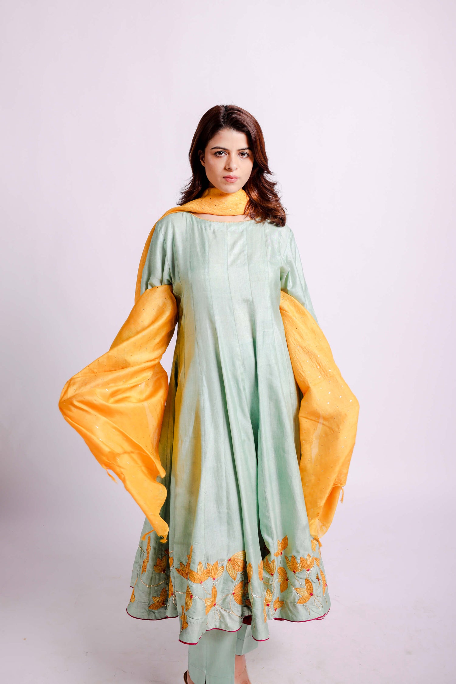 Pastel-Green Wild Silk Floral Applique Anarkali Set-bihart