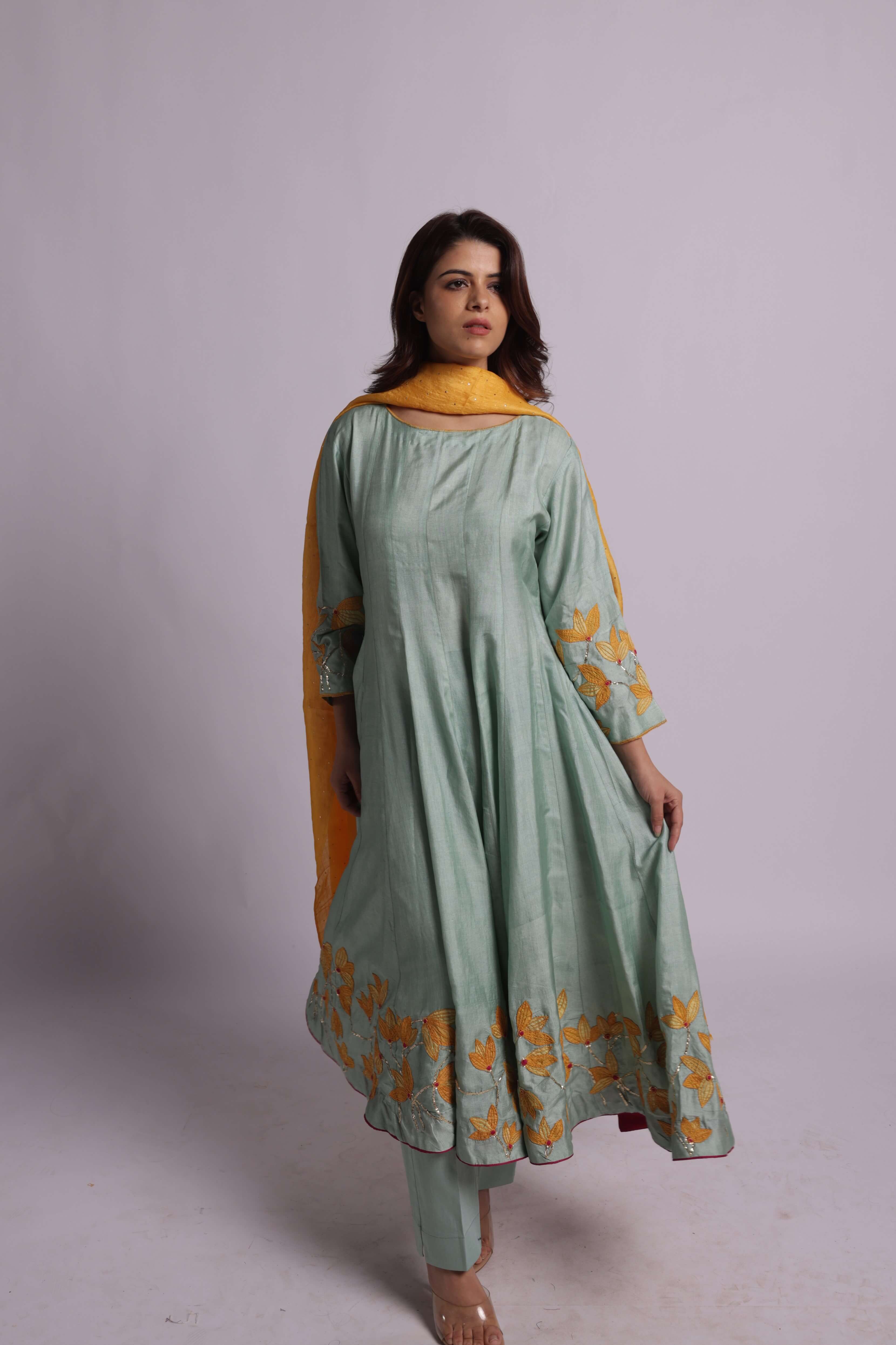Pastel Green Tussar Silk Floral Applique Anarkali Set