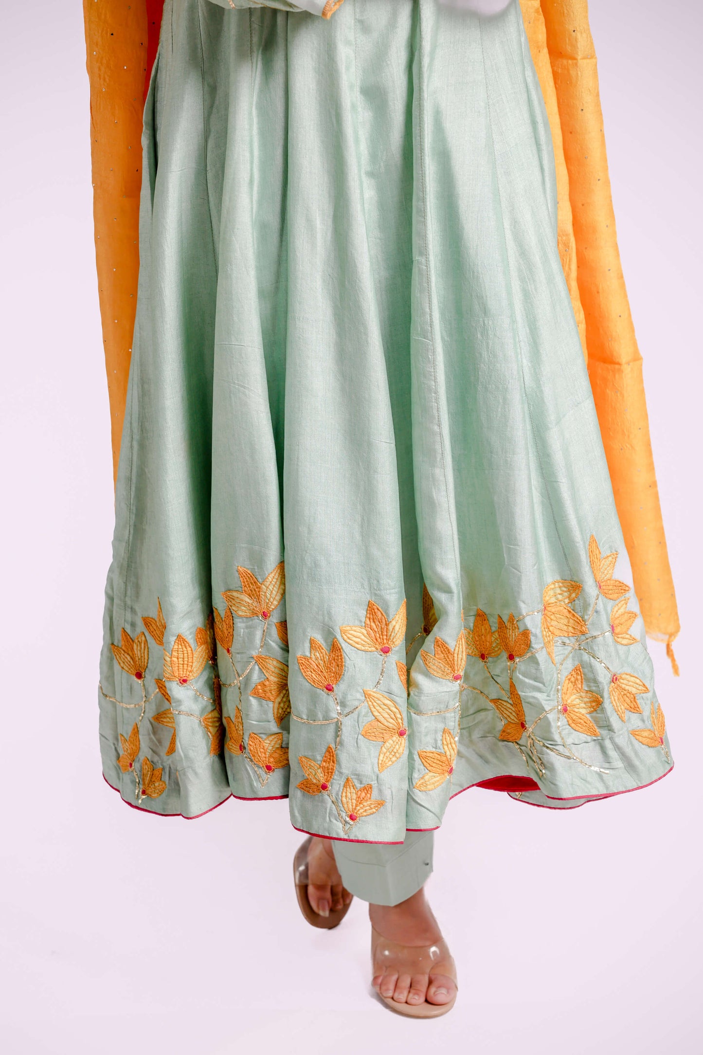 Pastel-Green Wild Silk Floral Applique Anarkali Set-bihart