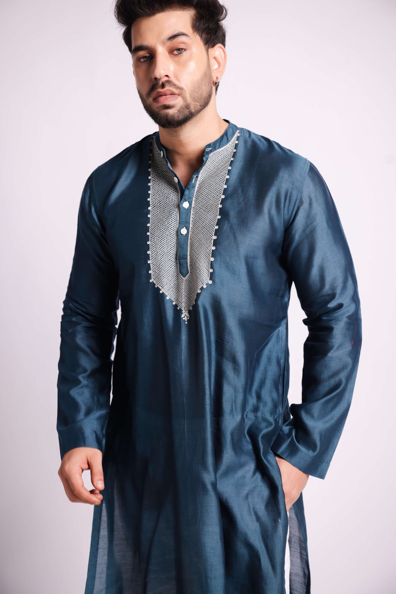 Teal-Blue Chanderi Aari Work Kurta For Men-bihart