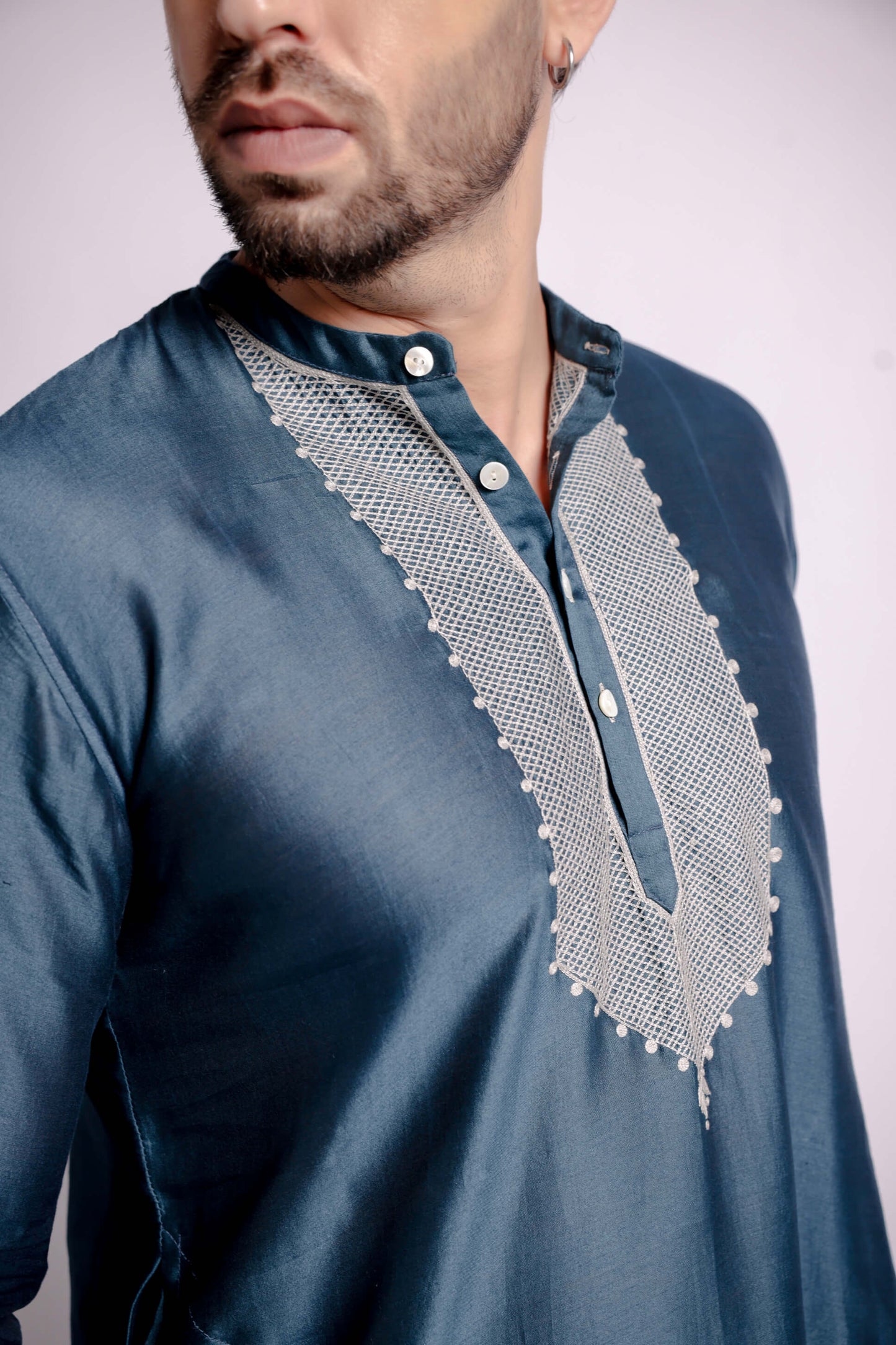 Teal-Blue Chanderi Aari Work Kurta For Men-bihart