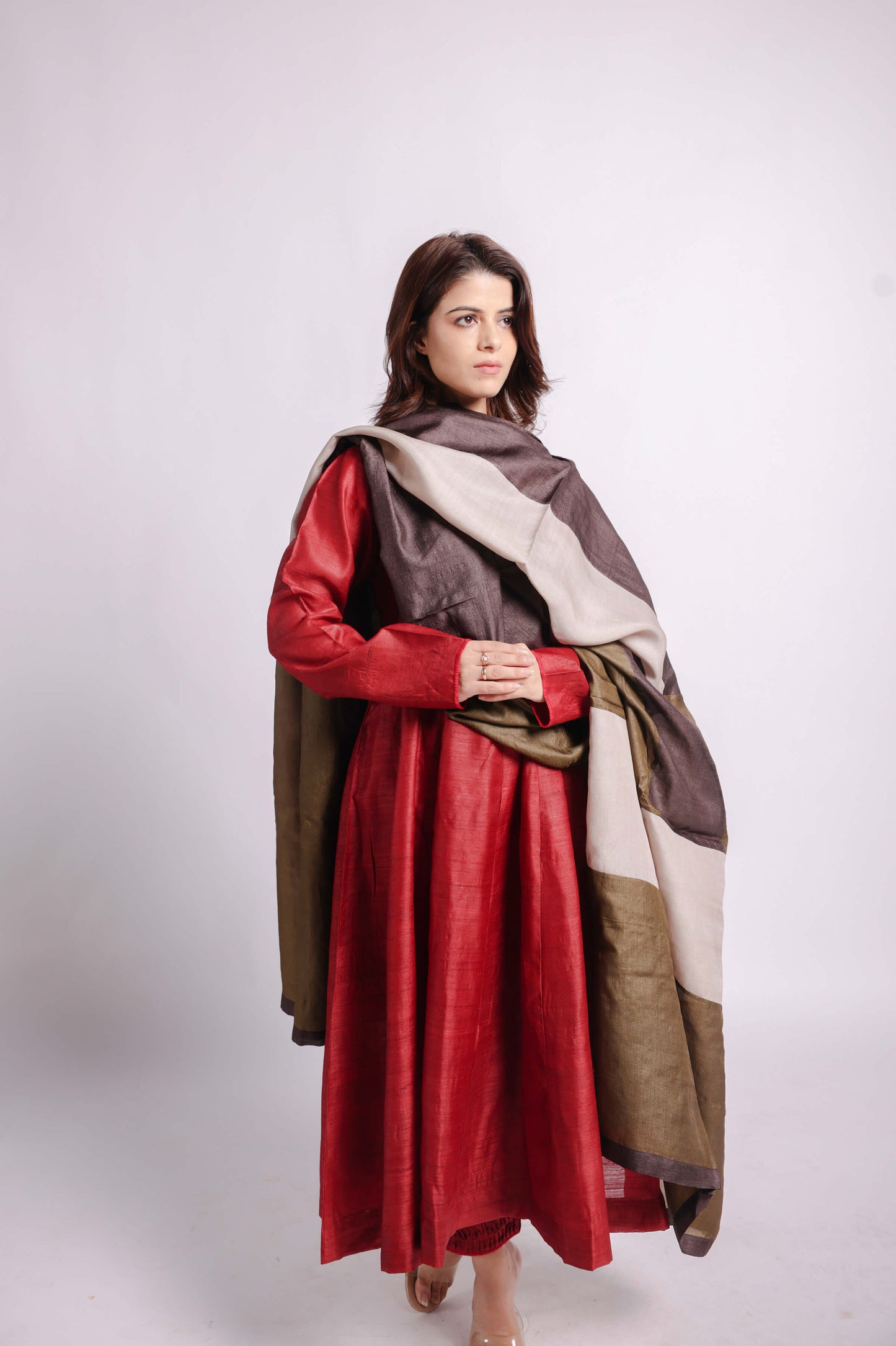 Olive Green-Wild Silk Multi-Colour Block Dupatta-bihart