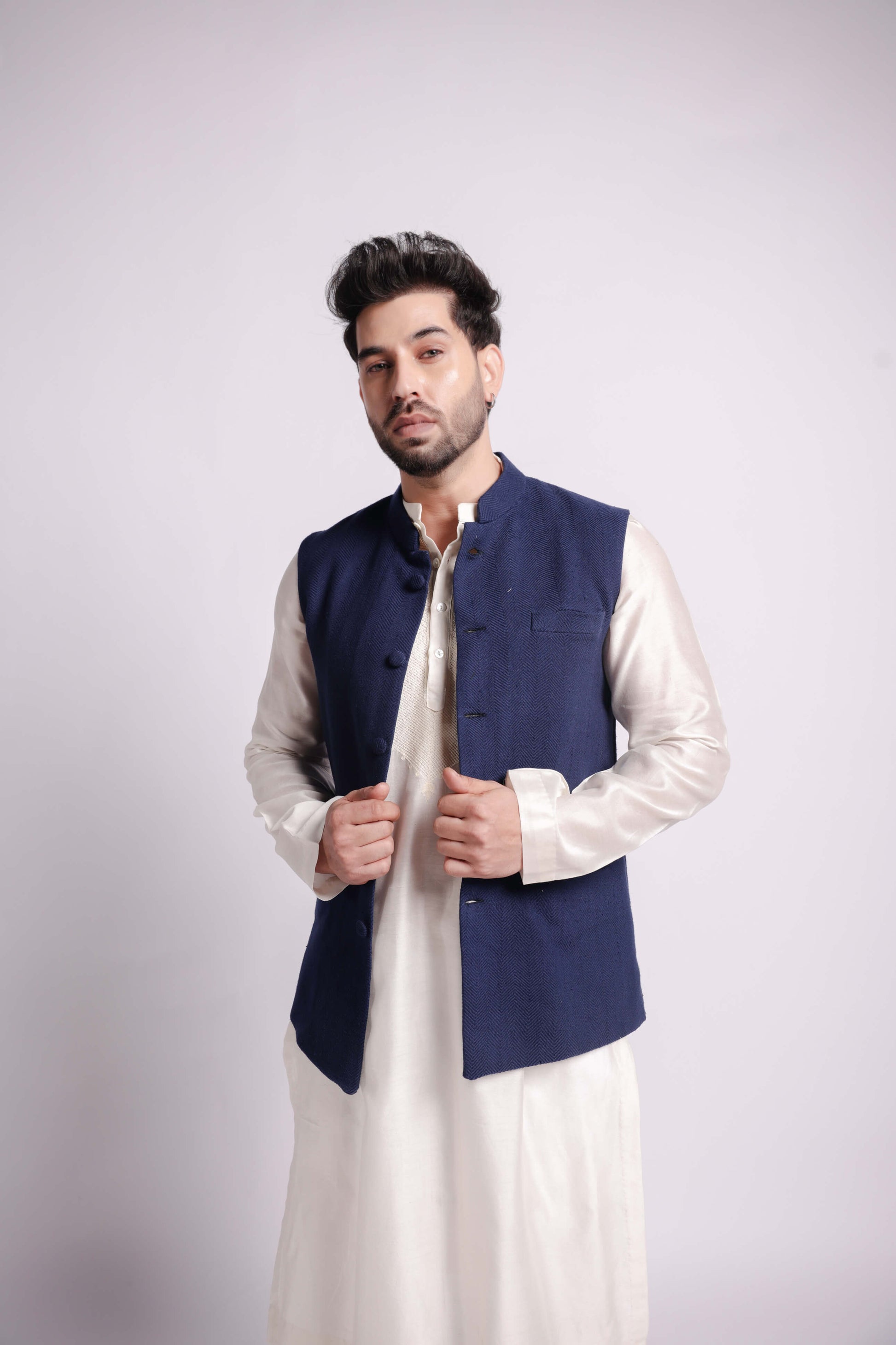 Men-Navy Blue Handwoven Cotton Twill Bundi Jacket-bihart