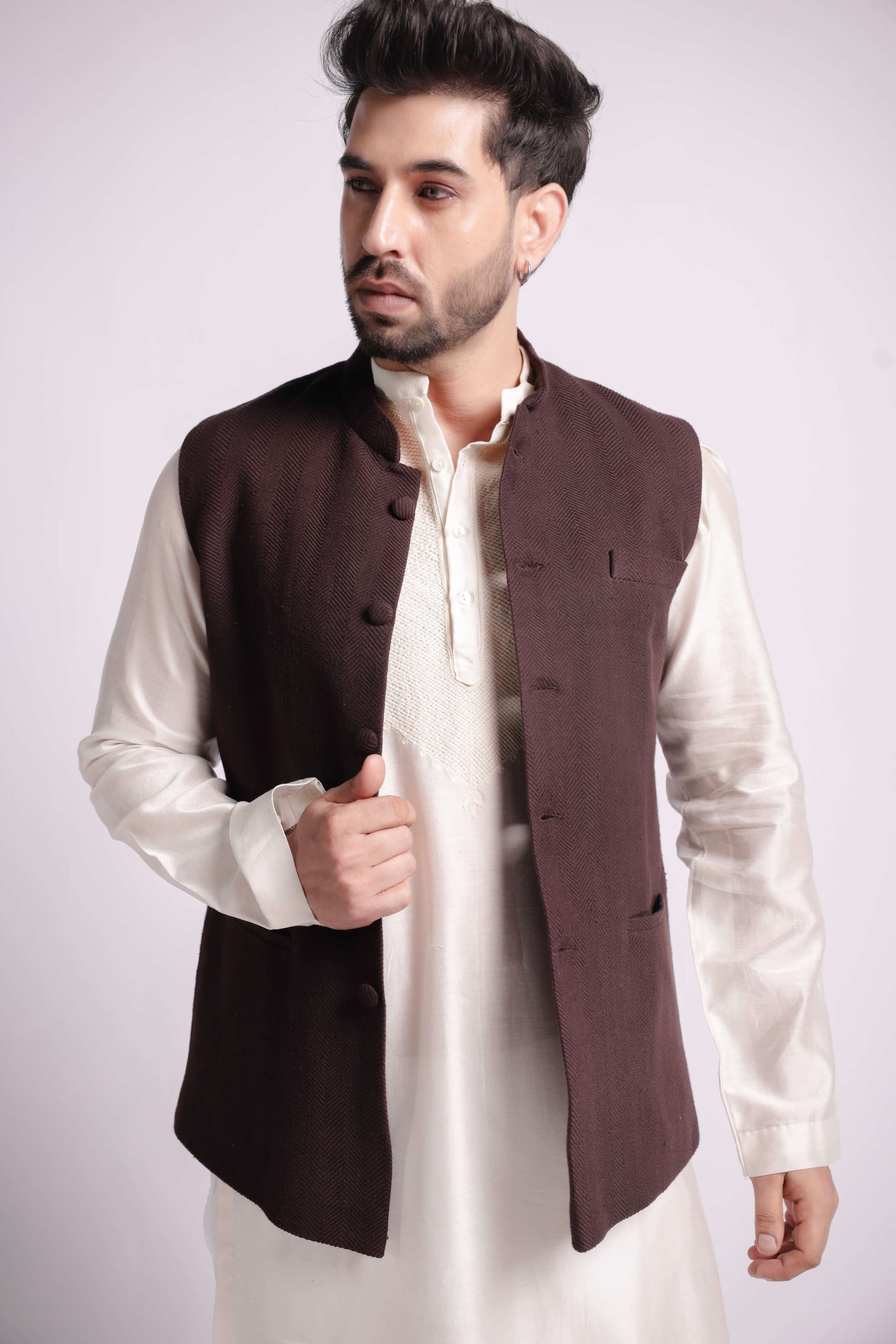 Men-Brown Handwoven Cotton Twill Bundi Jacket-bihart