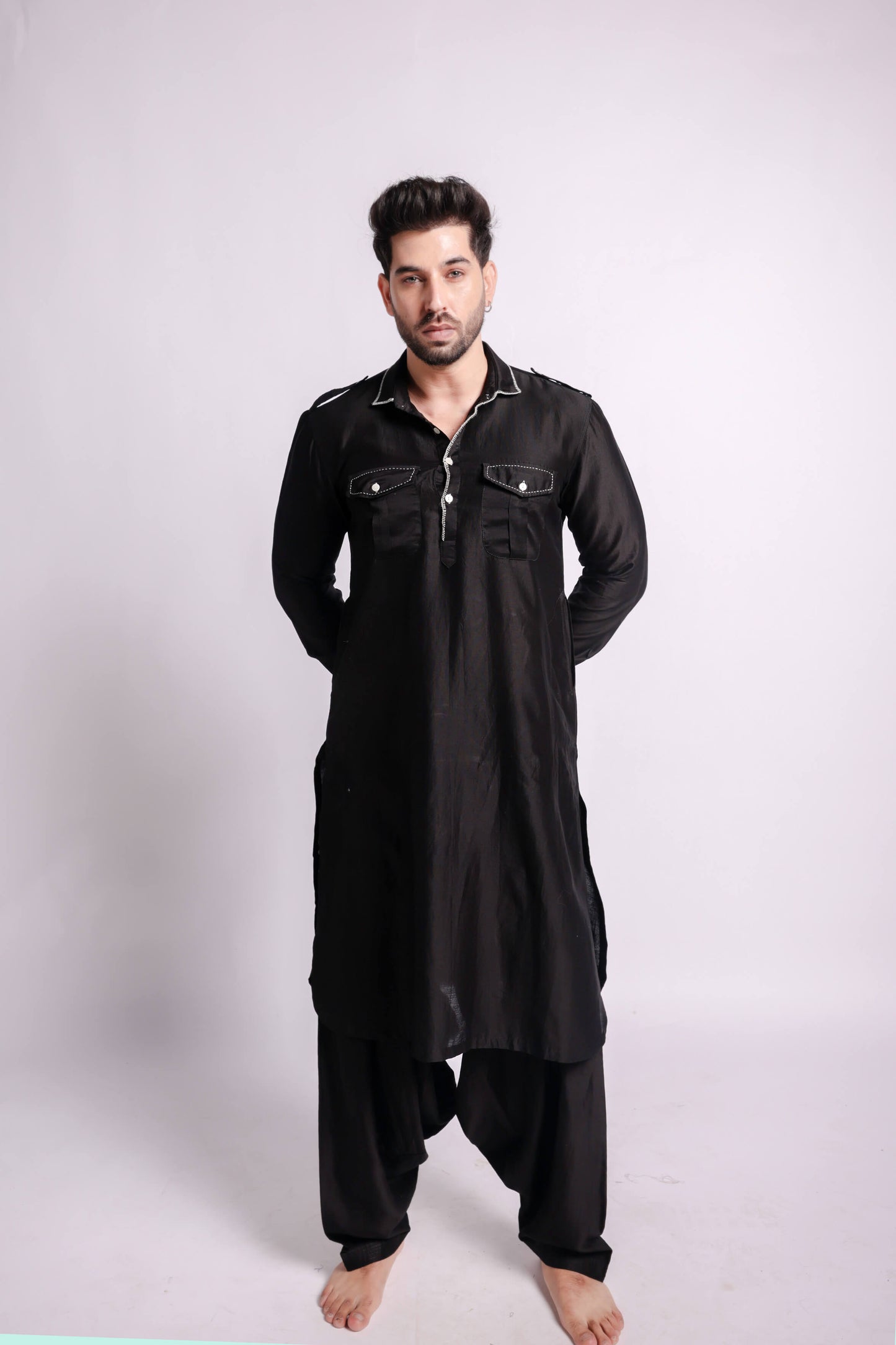 Black-Kaaj Embroidered Pathani Kurta and Salwar For Men-bihart