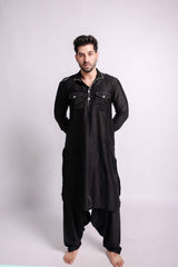 Black-Kaaj Embroidered Pathani Kurta and Salwar For Men-bihart
