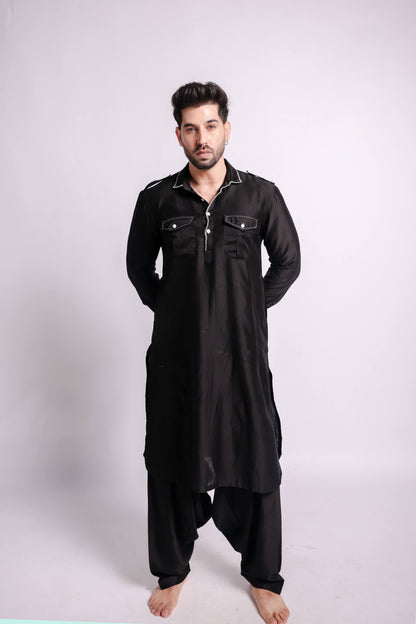 Black-Kaaj Embroidered Pathani Kurta and Salwar For Men-bihart