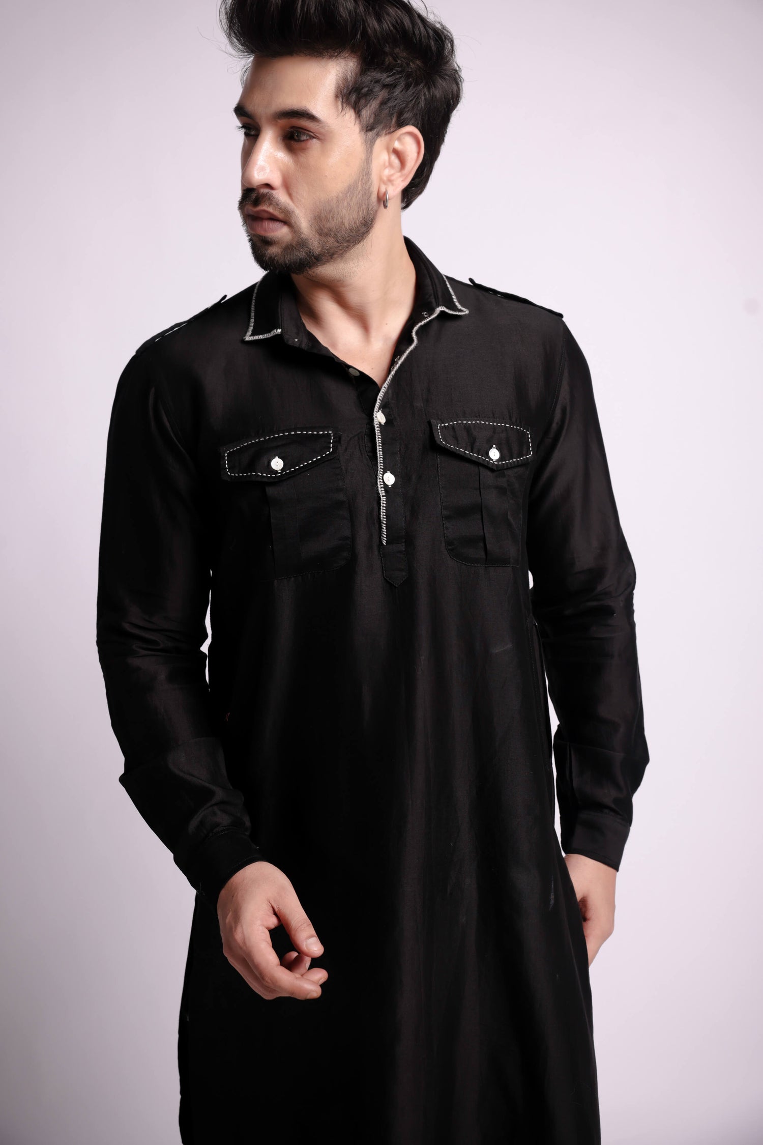 Black-Kaaj Embroidered Pathani Kurta and Salwar For Men-bihart