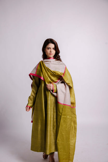 Green-Solid Wild Silk Anarkali Set with Multi-Colour Block Dupatta-bihart