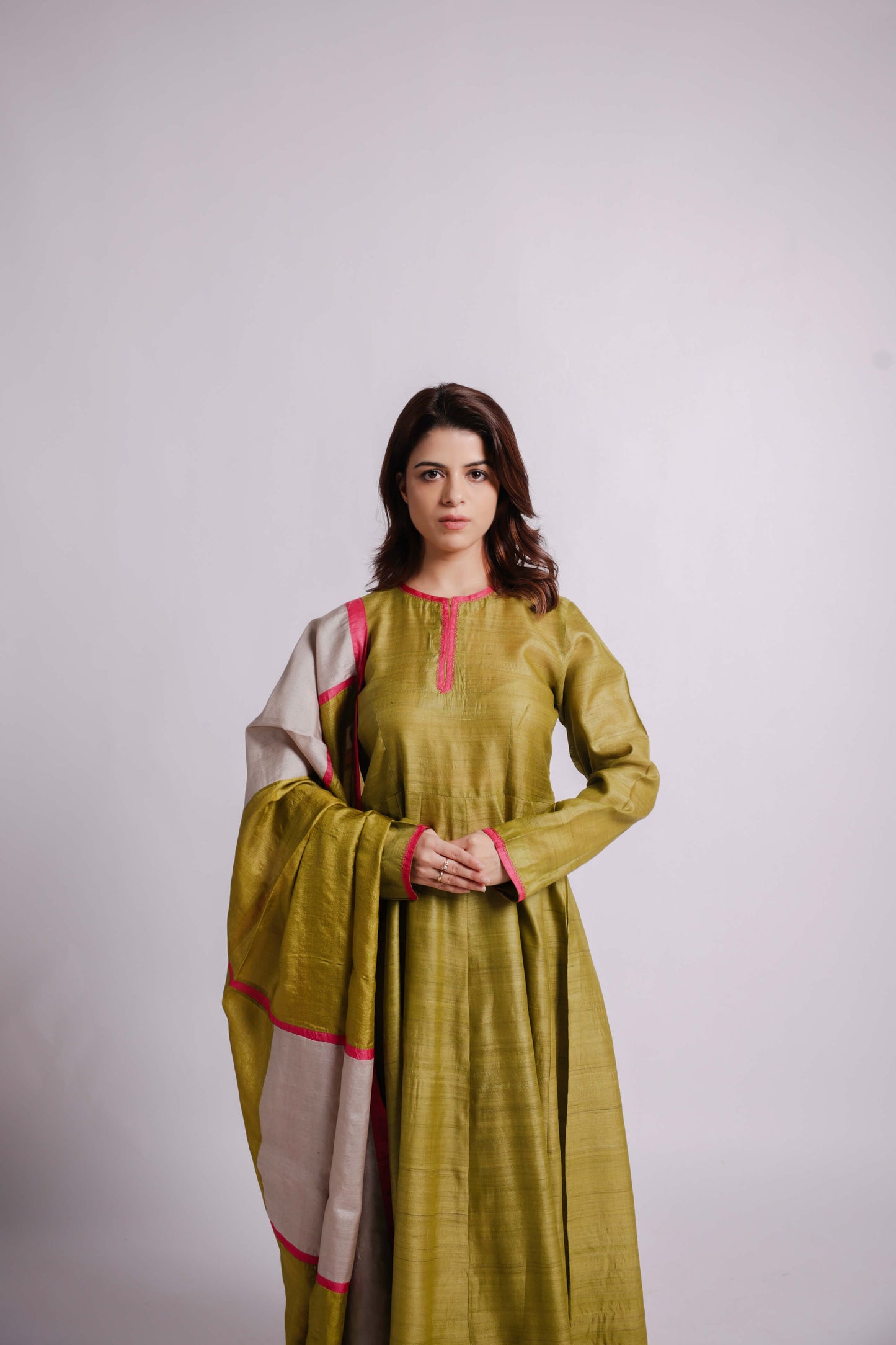 Green-Solid Wild Silk Anarkali Set with Multi-Colour Block Dupatta-bihart