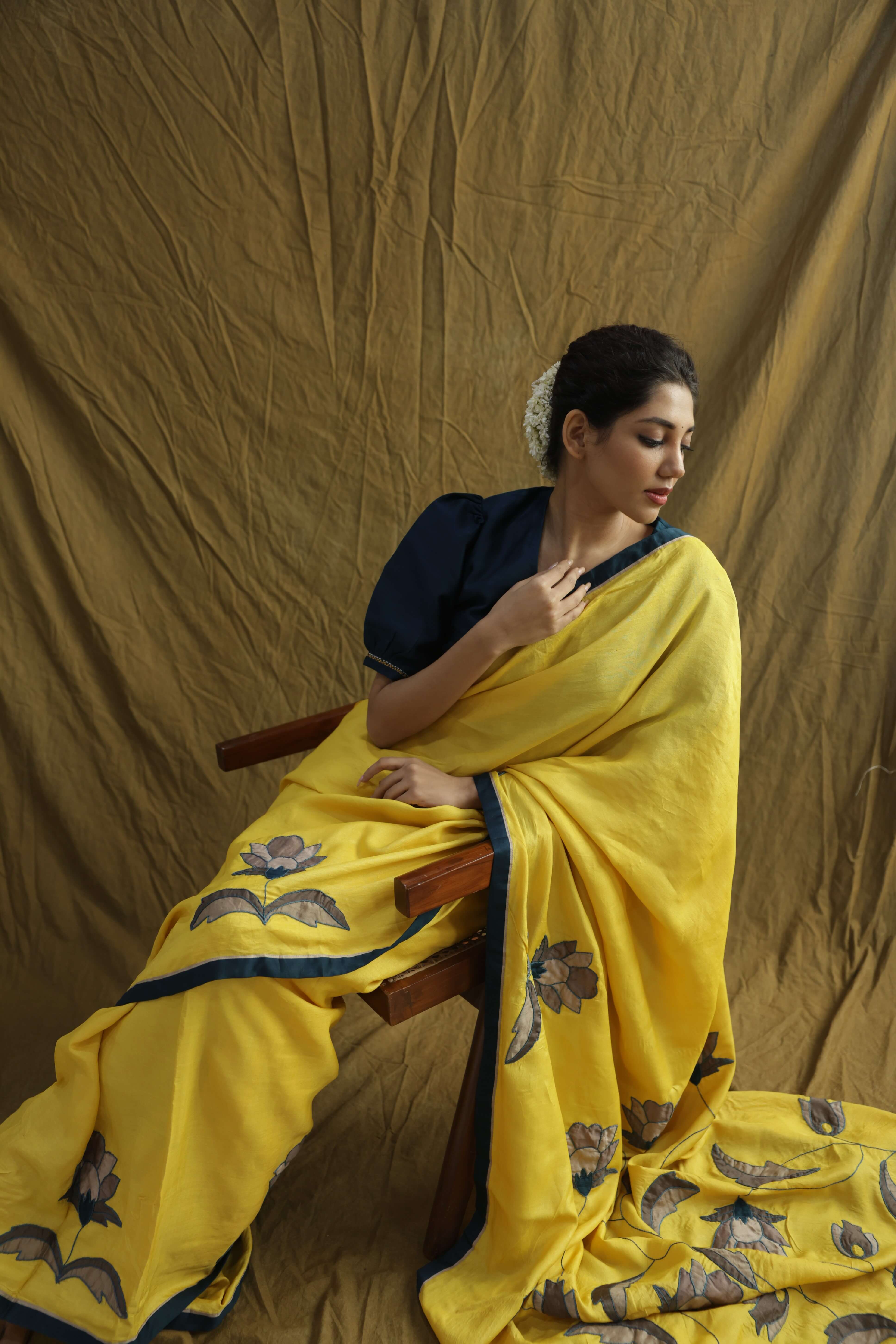 Yellow Tussar Silk Applique Saree