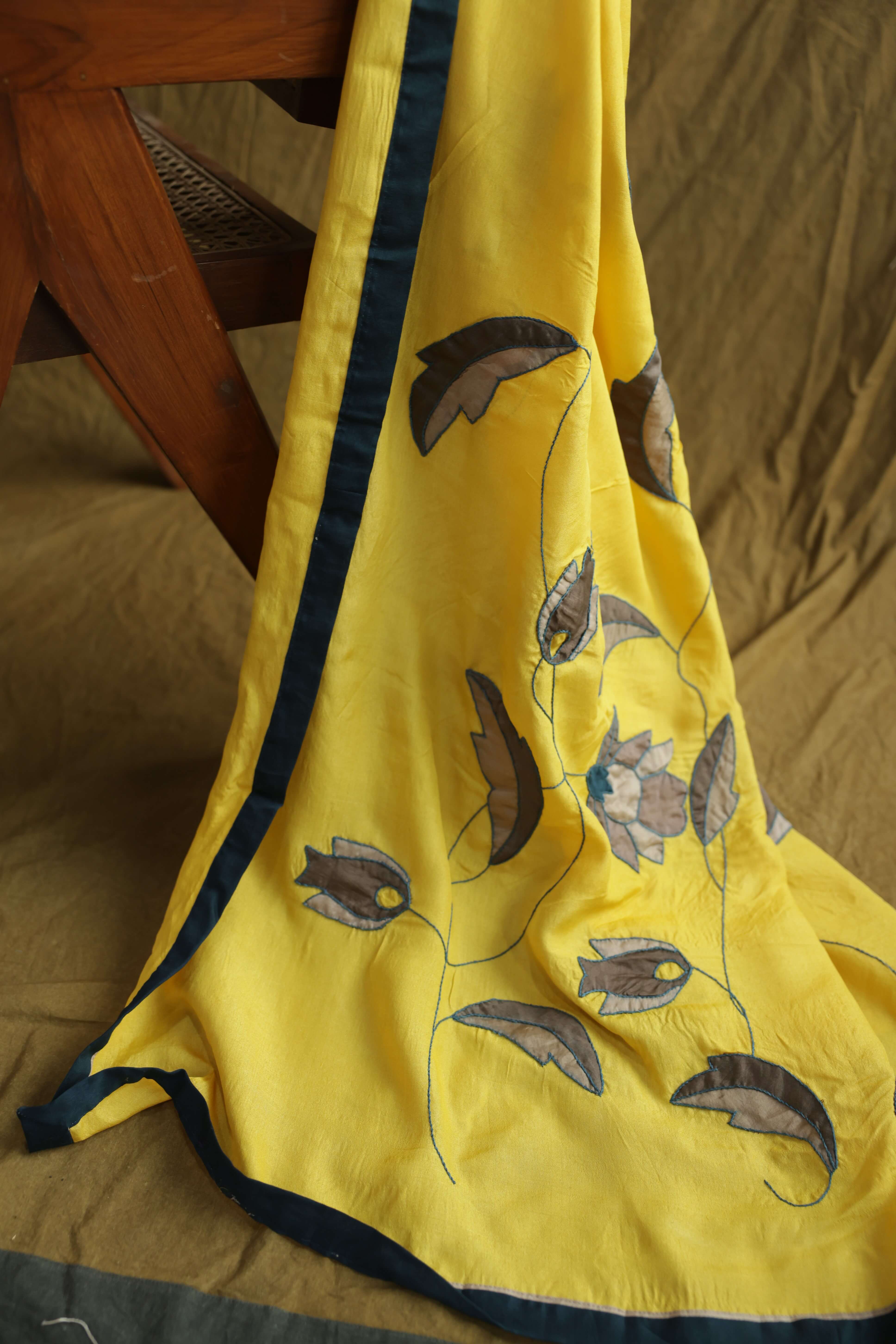 Yellow Tussar Silk Applique Saree