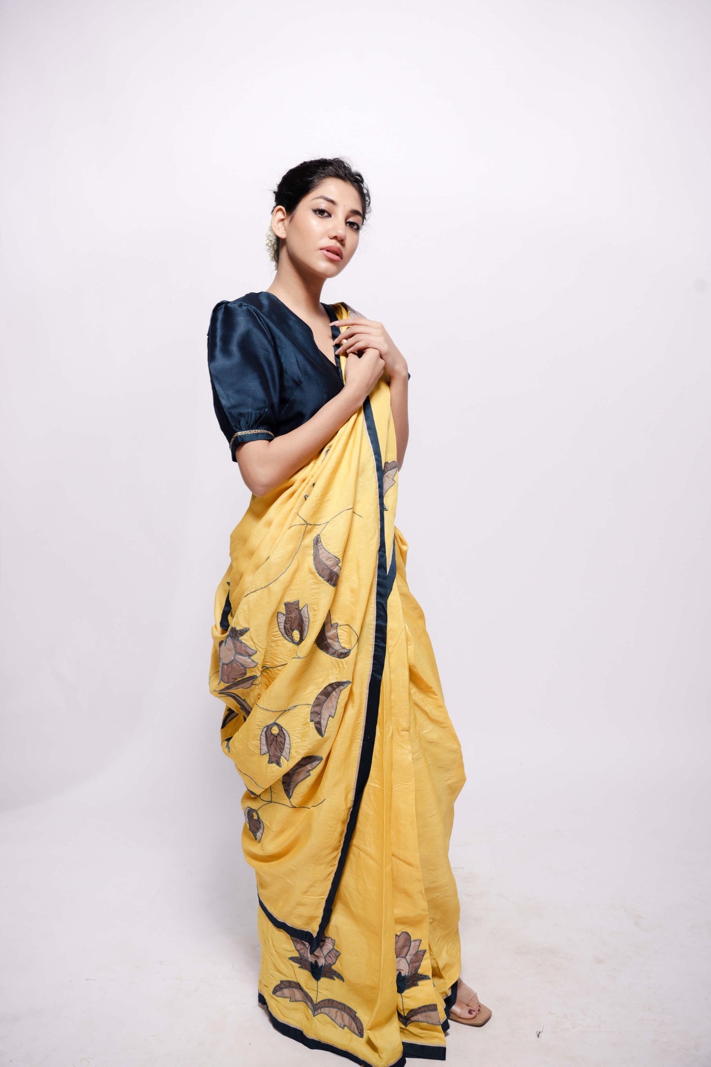 Yellow-Wild Silk Applique Saree-bihart