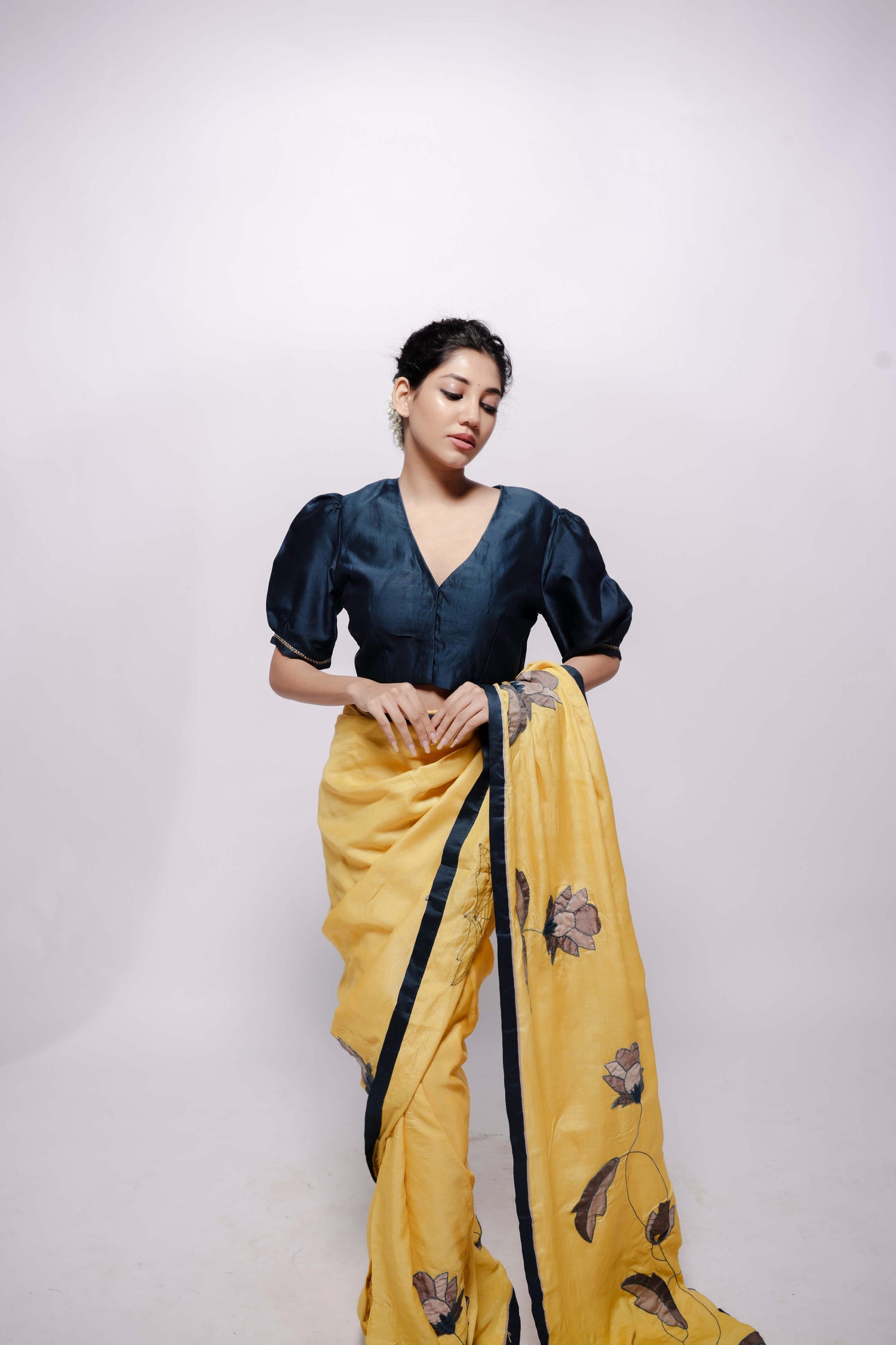 Yellow-Wild Silk Applique Saree-bihart