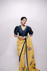 Teal-V Neck Sujani Embroidered Puff Sleeve Chanderi Blouse-bihart