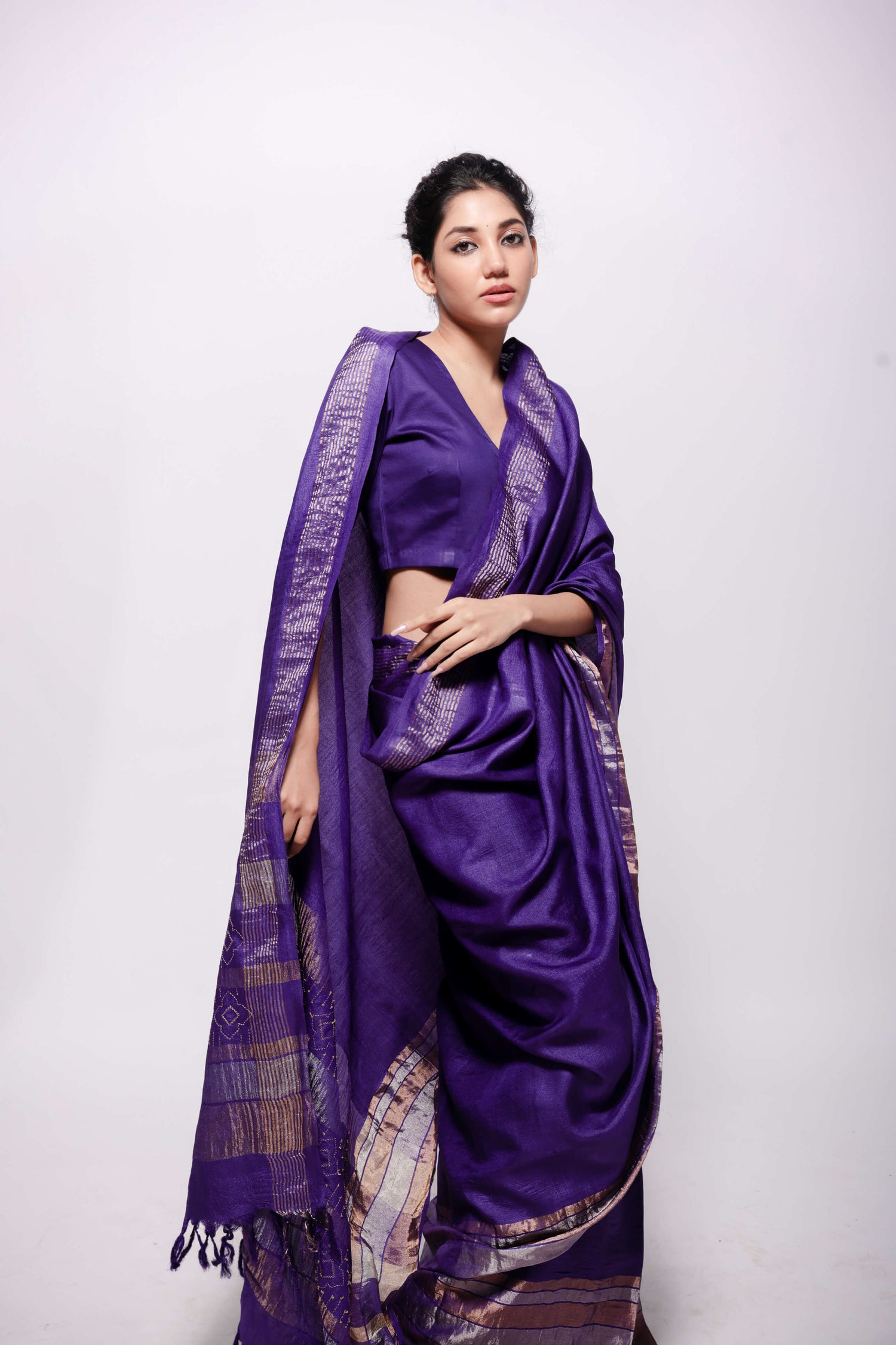 Purple-Zari Woven Wild Silk Saree Sujani Embroidered Saree-bihart