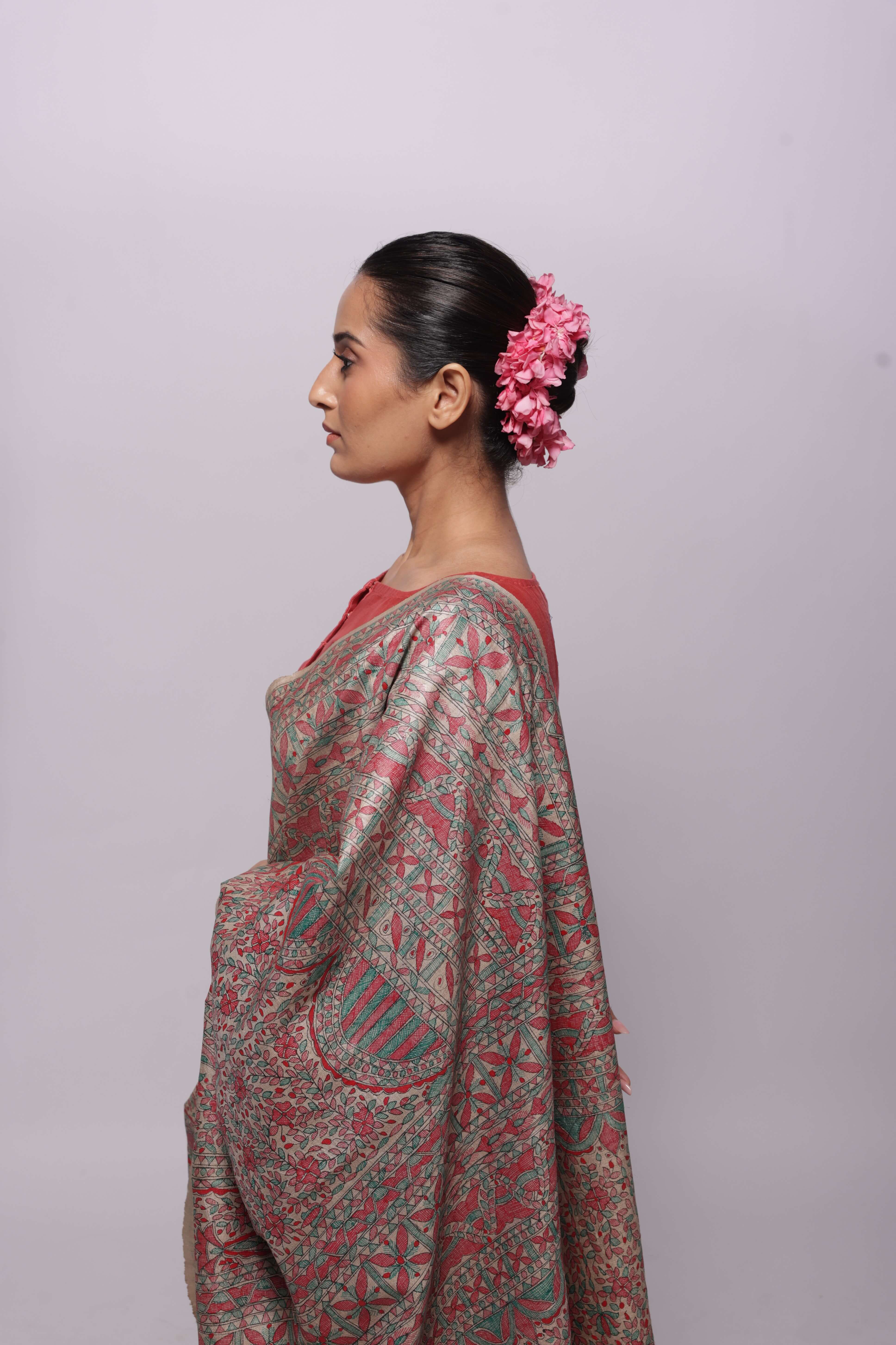 Handwoven Beige Desi Tussar Silk Hand Painted Madhubani Saree