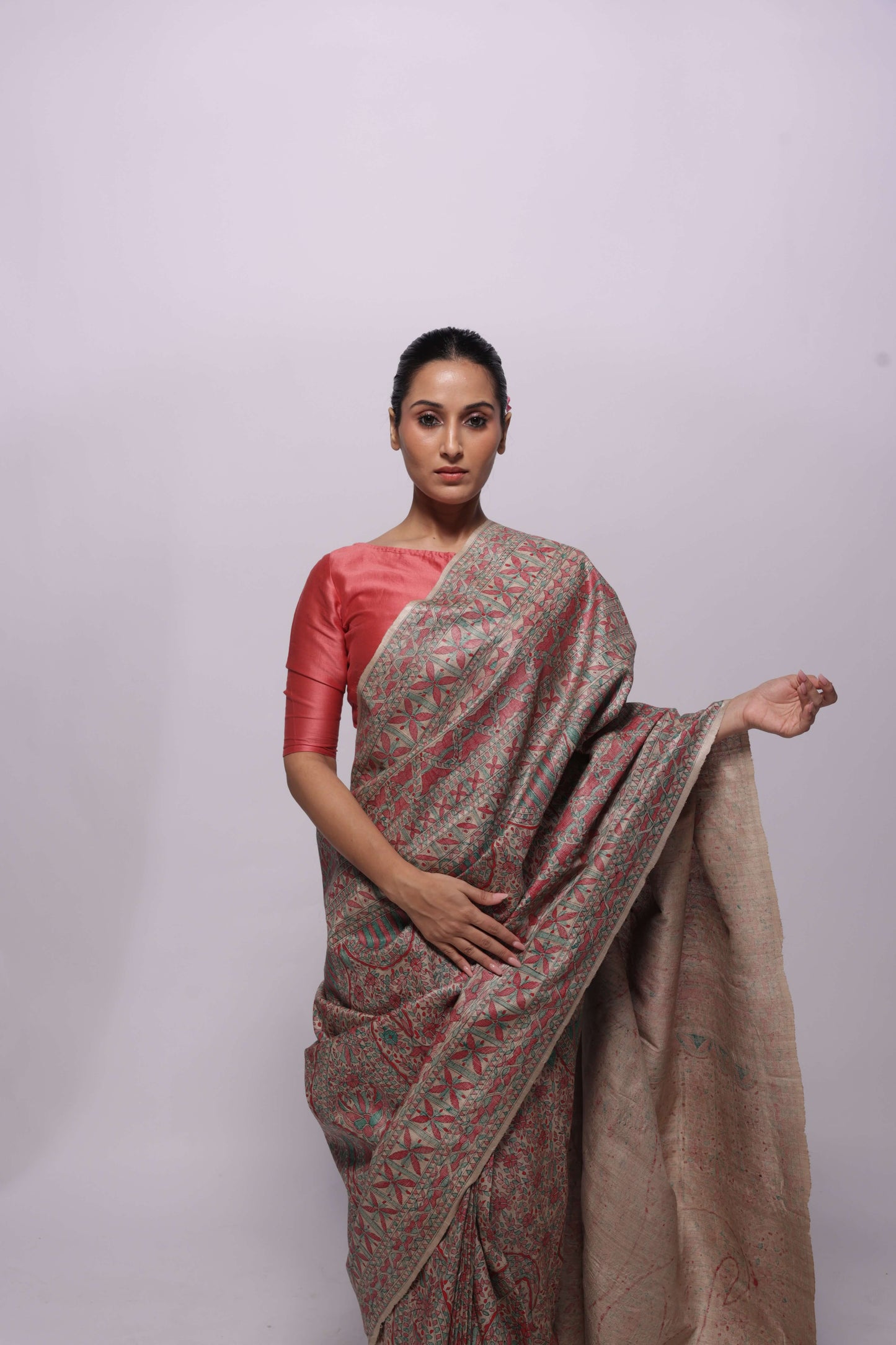 Handwoven Beige Desi Wild Silk Hand Painted Madhubani Saree