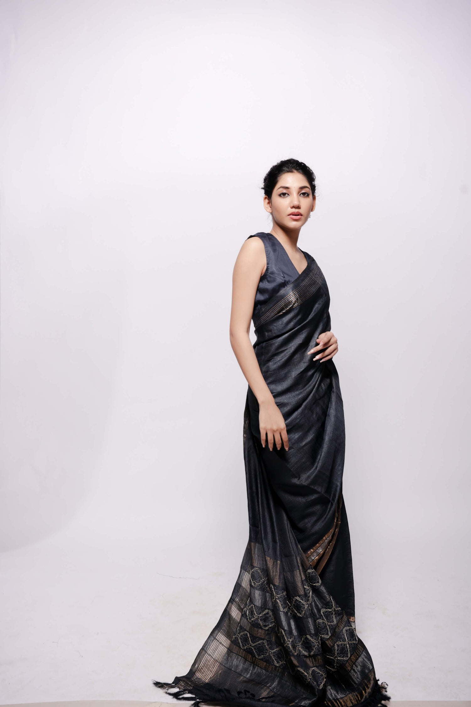 Charcoal-Grey Zari Woven Wild Silk Sujani Embroidered Saree-bihart