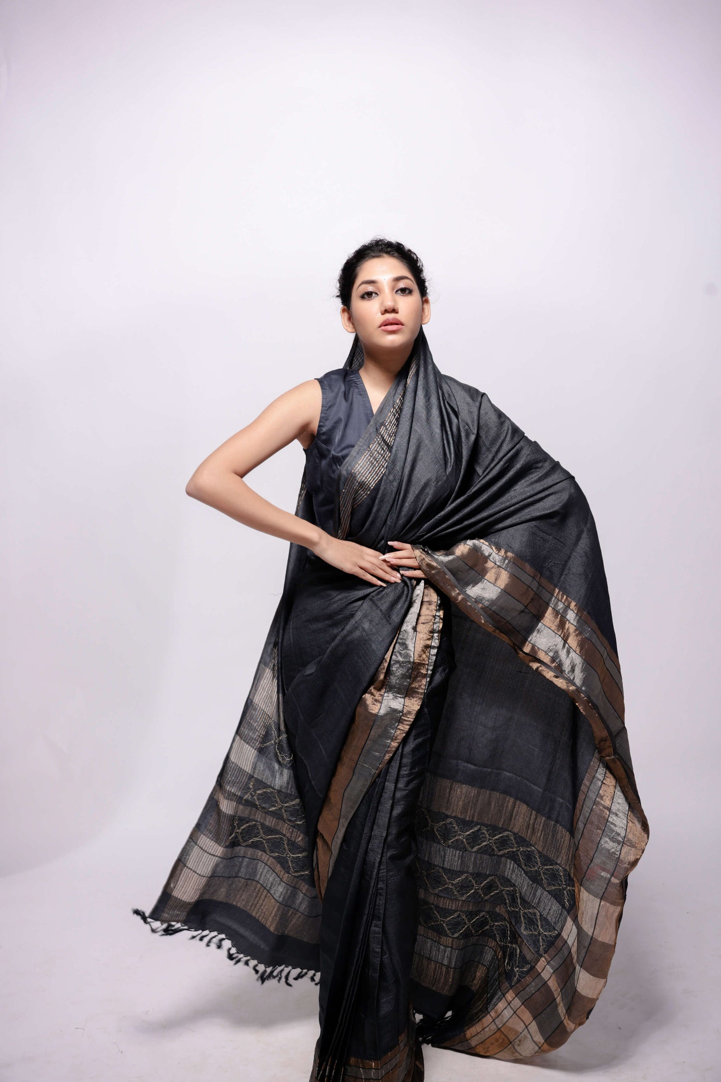 Charcoal-Grey Zari Woven Wild Silk Sujani Embroidered Saree-bihart