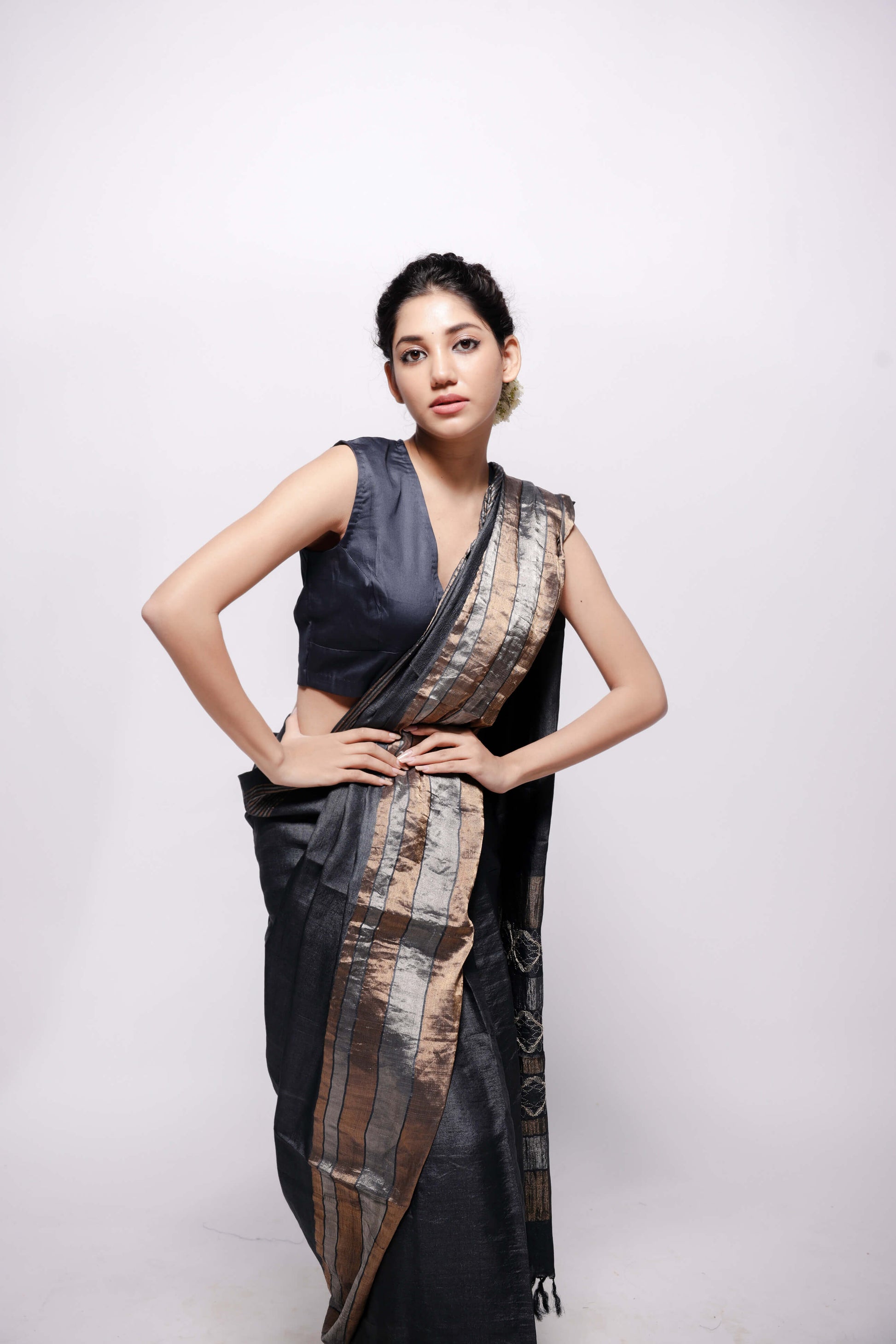 Charcoal-Grey Zari Woven Wild Silk Sujani Embroidered Saree-bihart