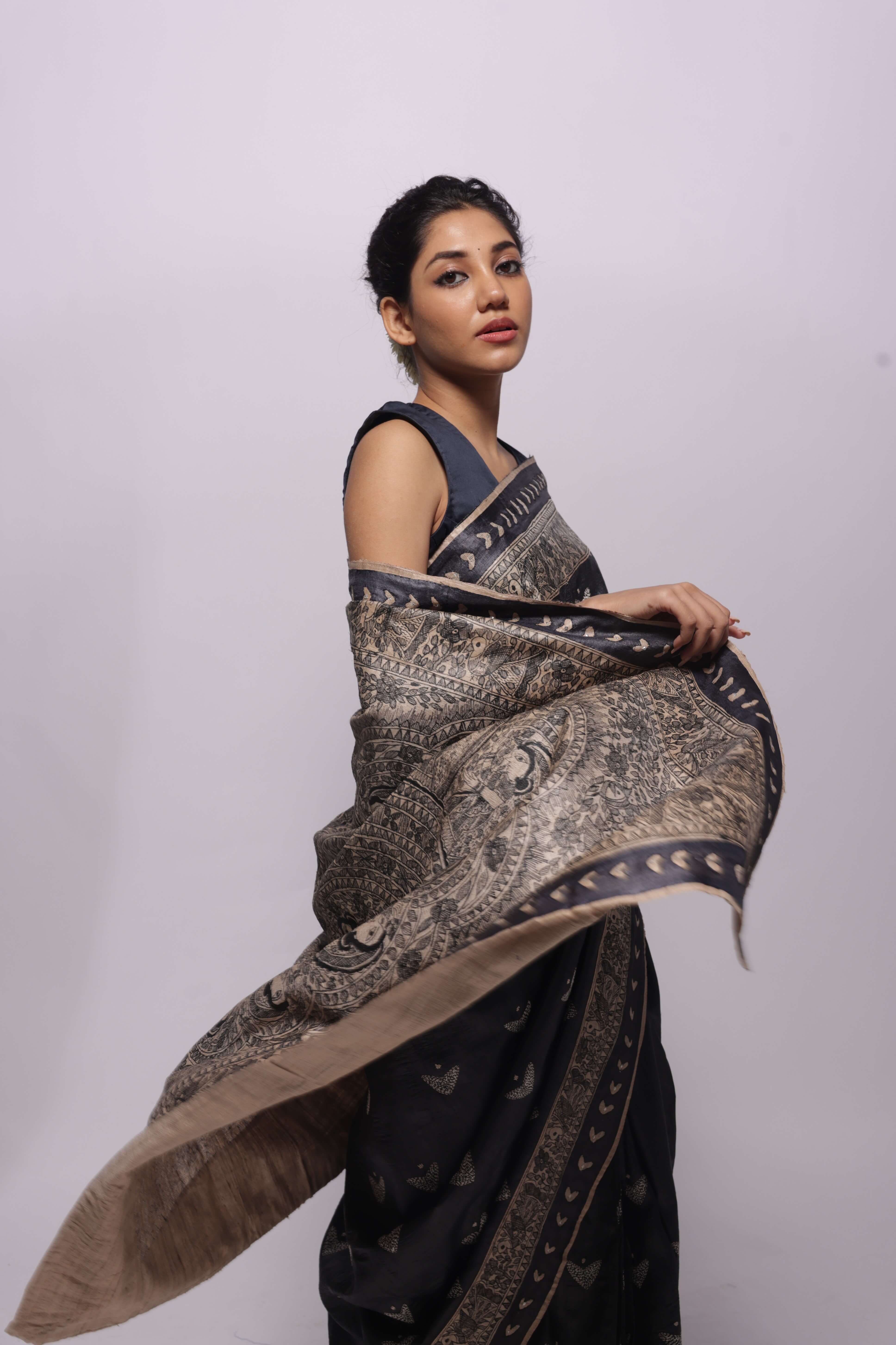 Handwoven Beige Tussar Silk Hand Painted Madhubani Saree