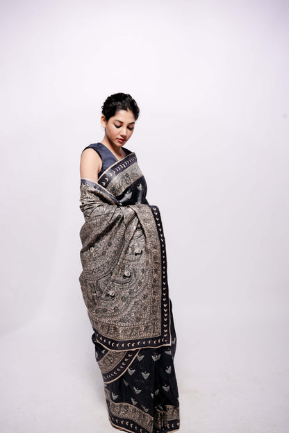 Handwoven-Beige Wild Silk Hand Painted Madhubani Saree-bihart