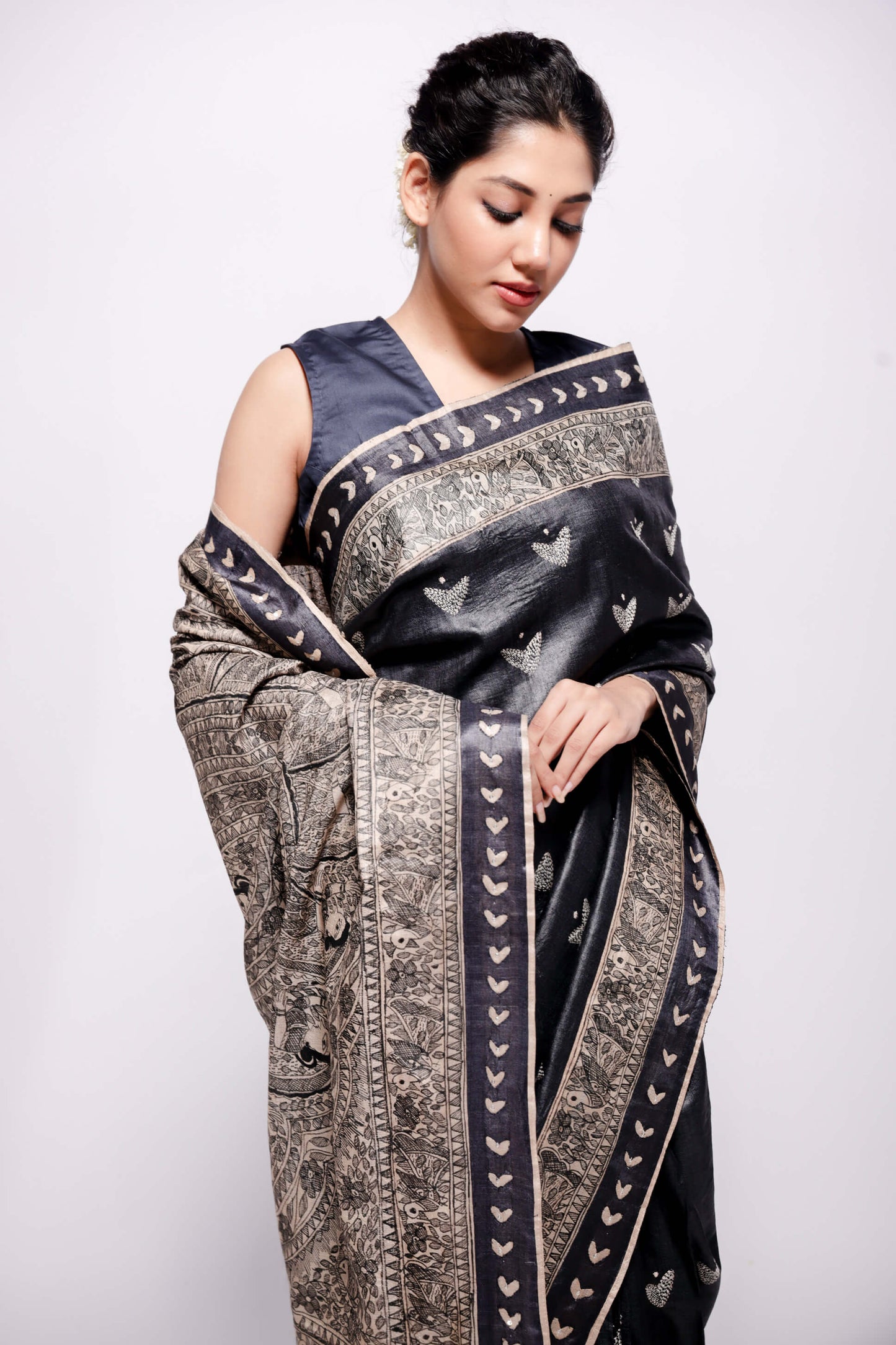 Handwoven-Beige Wild Silk Hand Painted Madhubani Saree-bihart