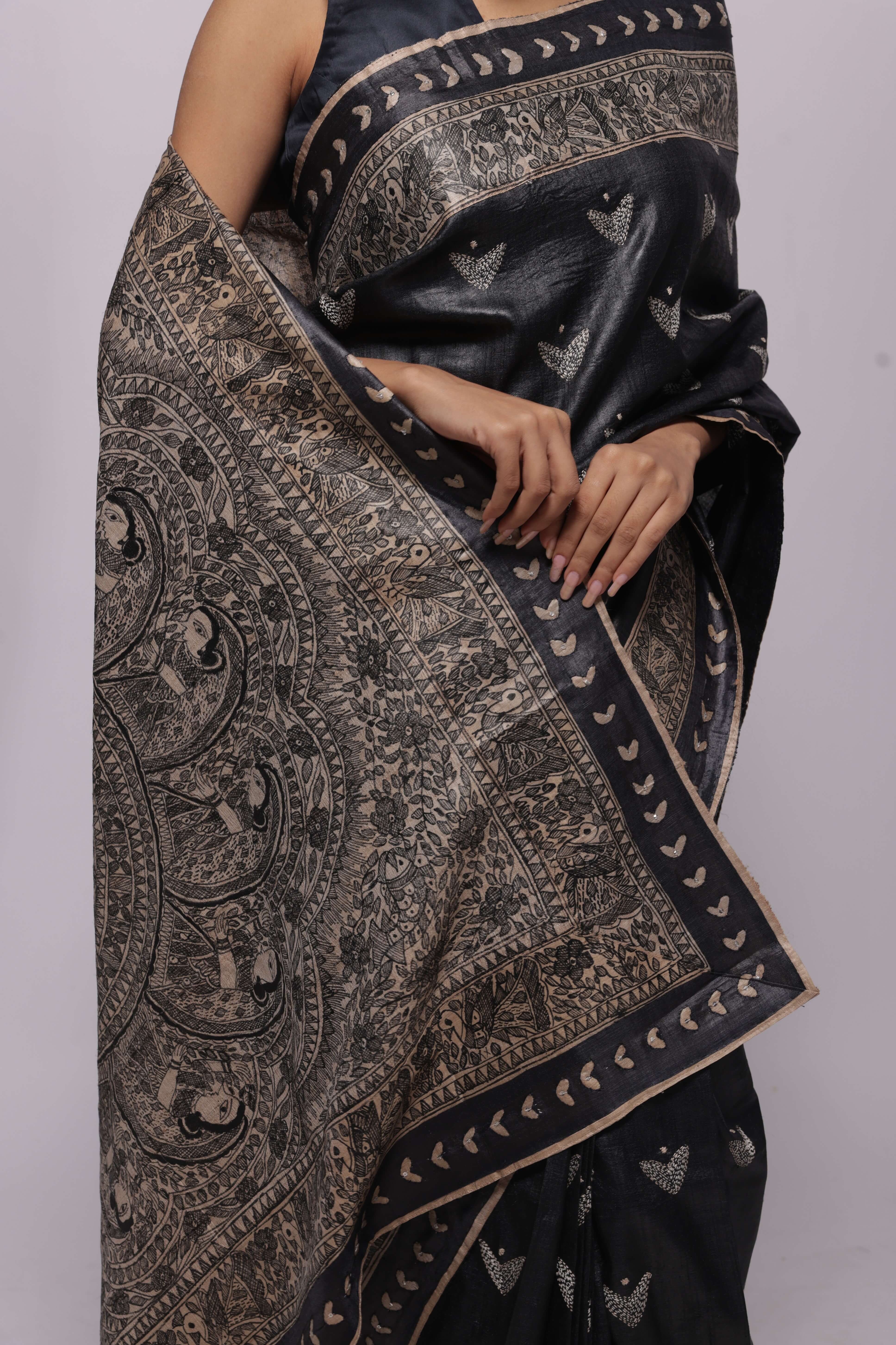 Handwoven Beige Tussar Silk Hand Painted Madhubani Saree