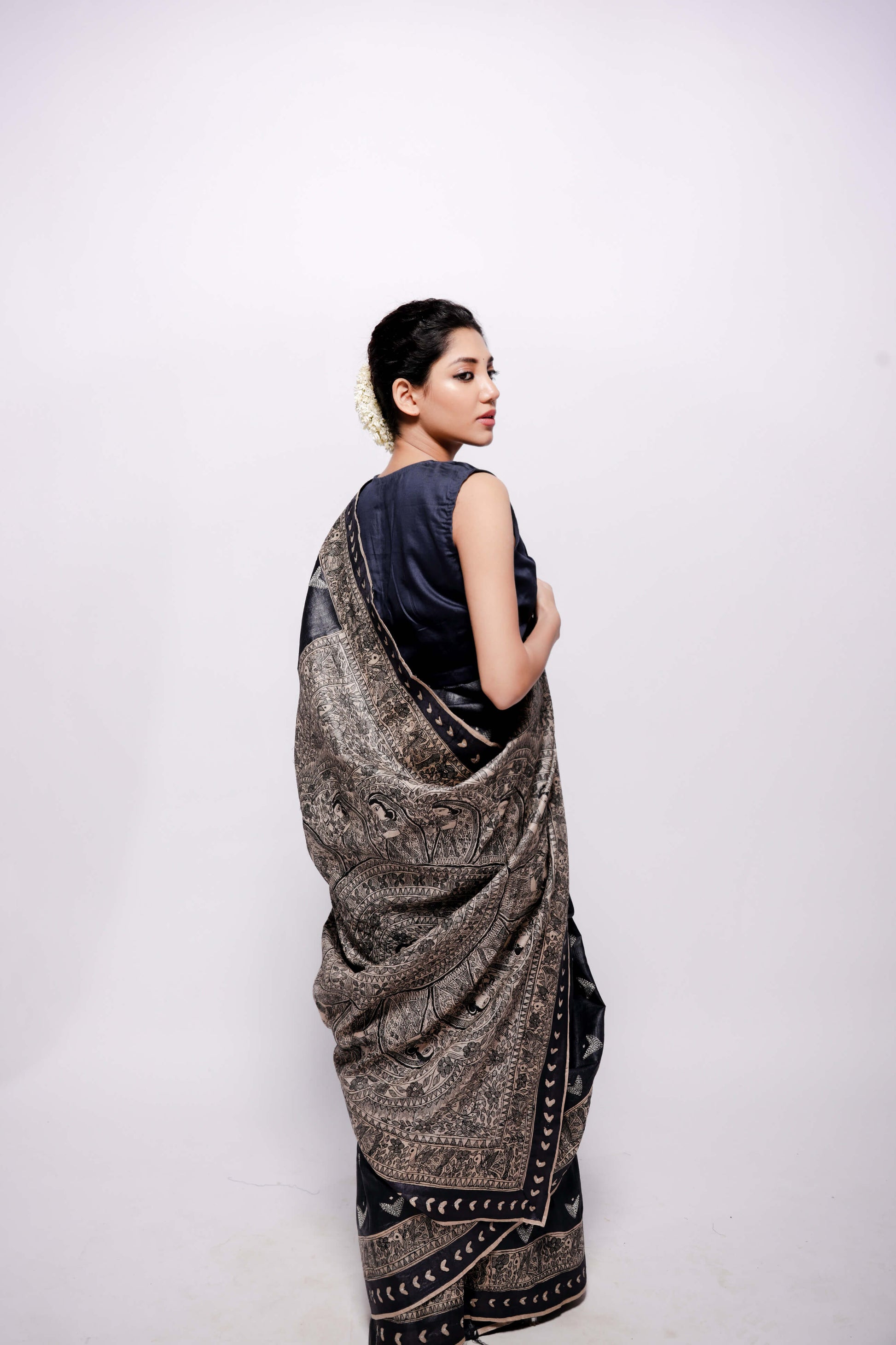 Handwoven-Beige Wild Silk Hand Painted Madhubani Saree-bihart