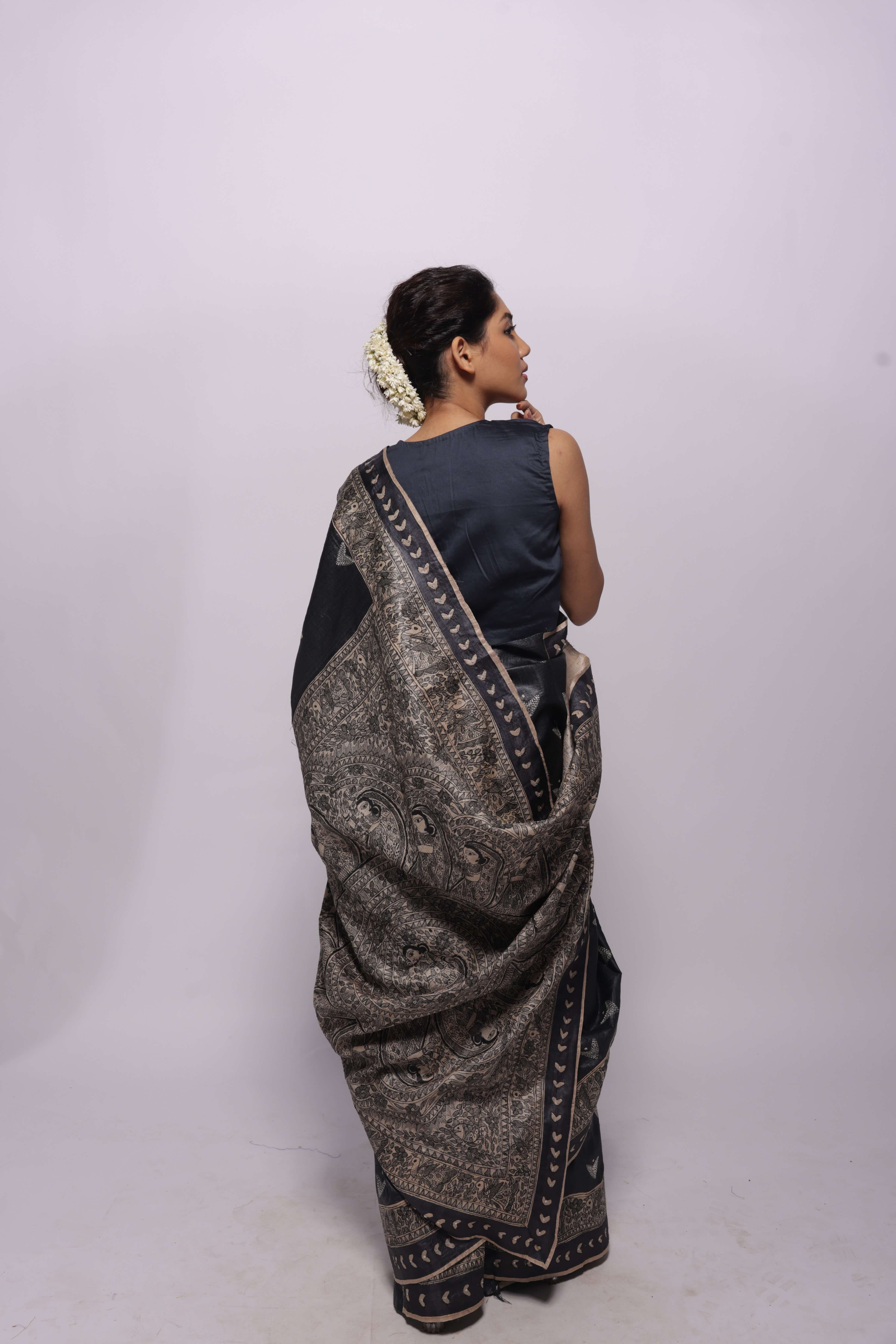 Handwoven Beige Tussar Silk Hand Painted Madhubani Saree
