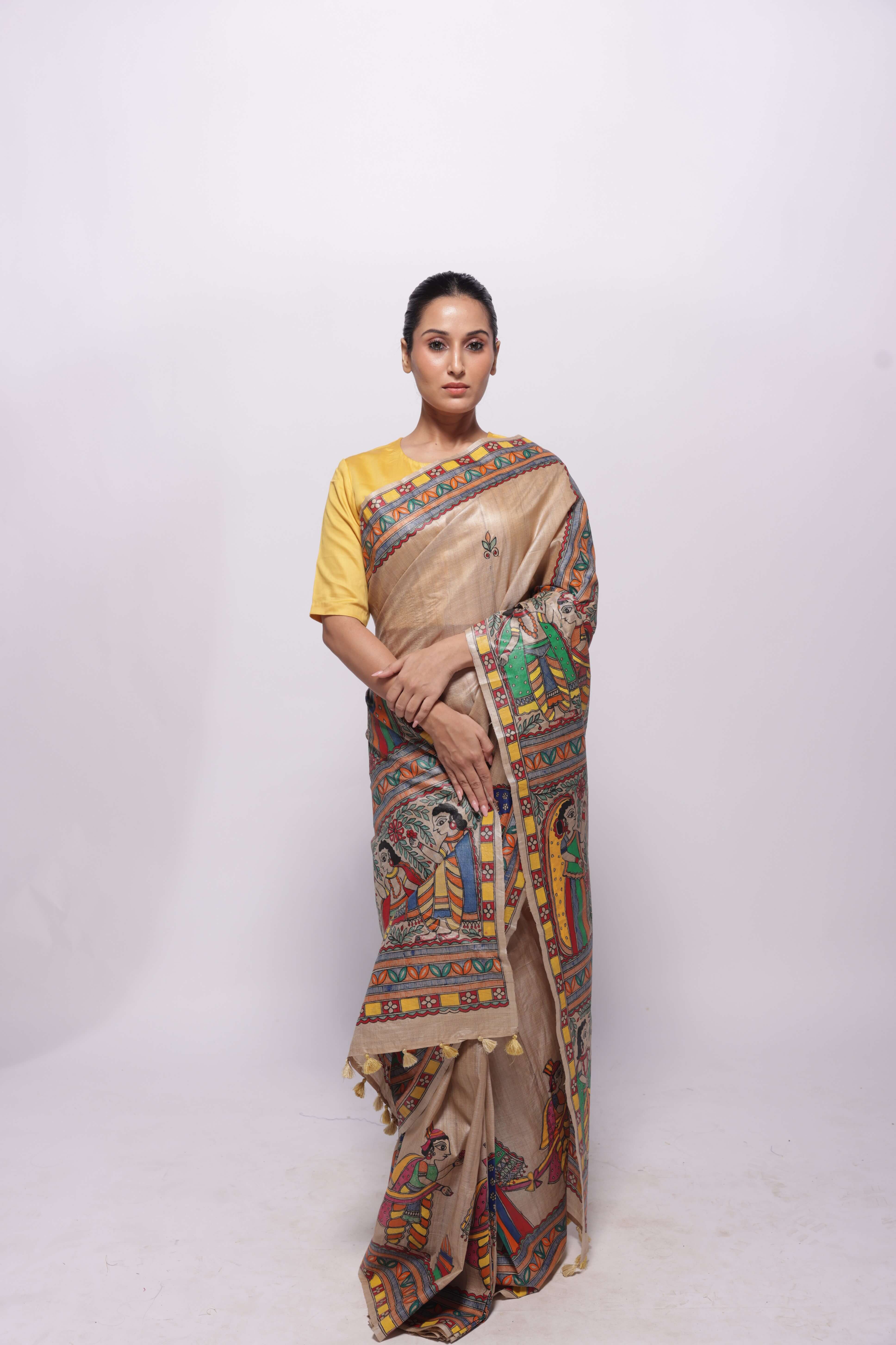 Handwoven Beige Tussar Silk Hand Painted Madhubani Saree