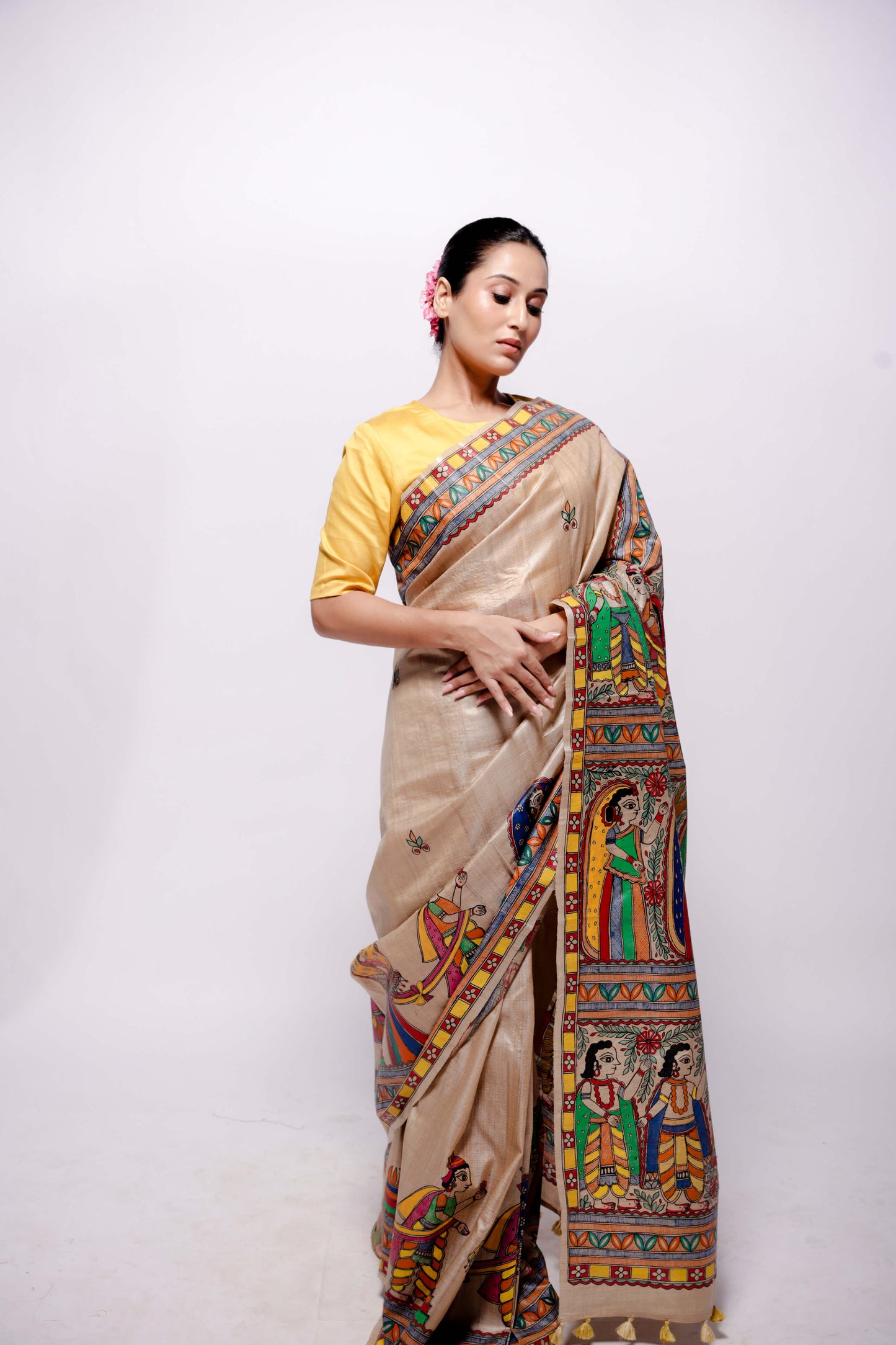 Handwoven-Beige Wild Silk Hand Painted Madhubani Saree-bihart